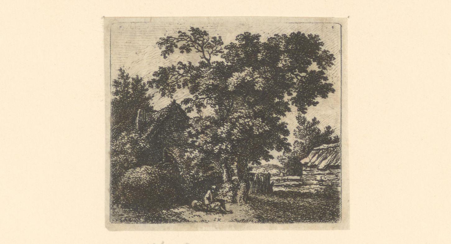 Landschap met twee huizen bij een grote boom