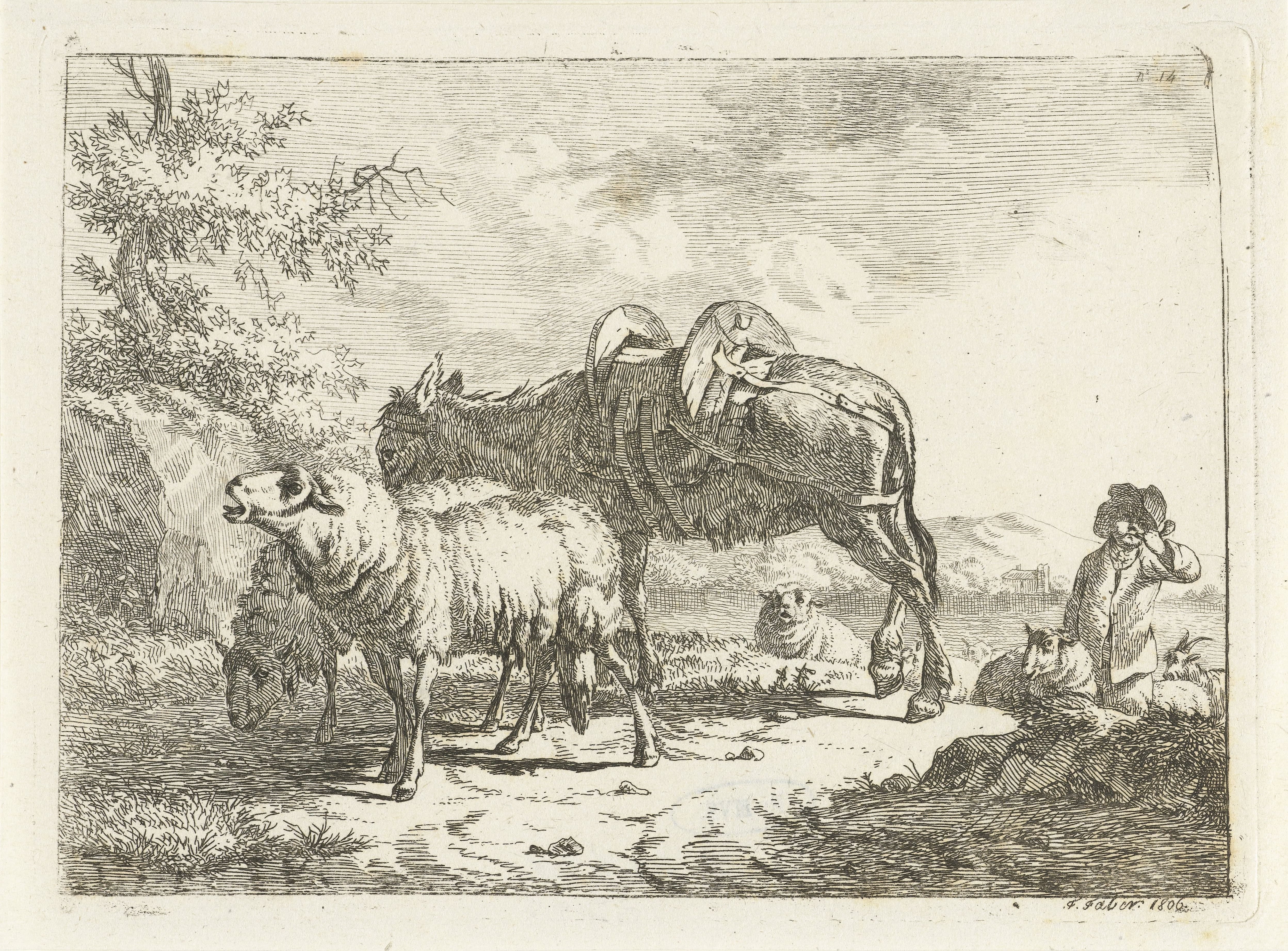 Herder met schapen en een ezel