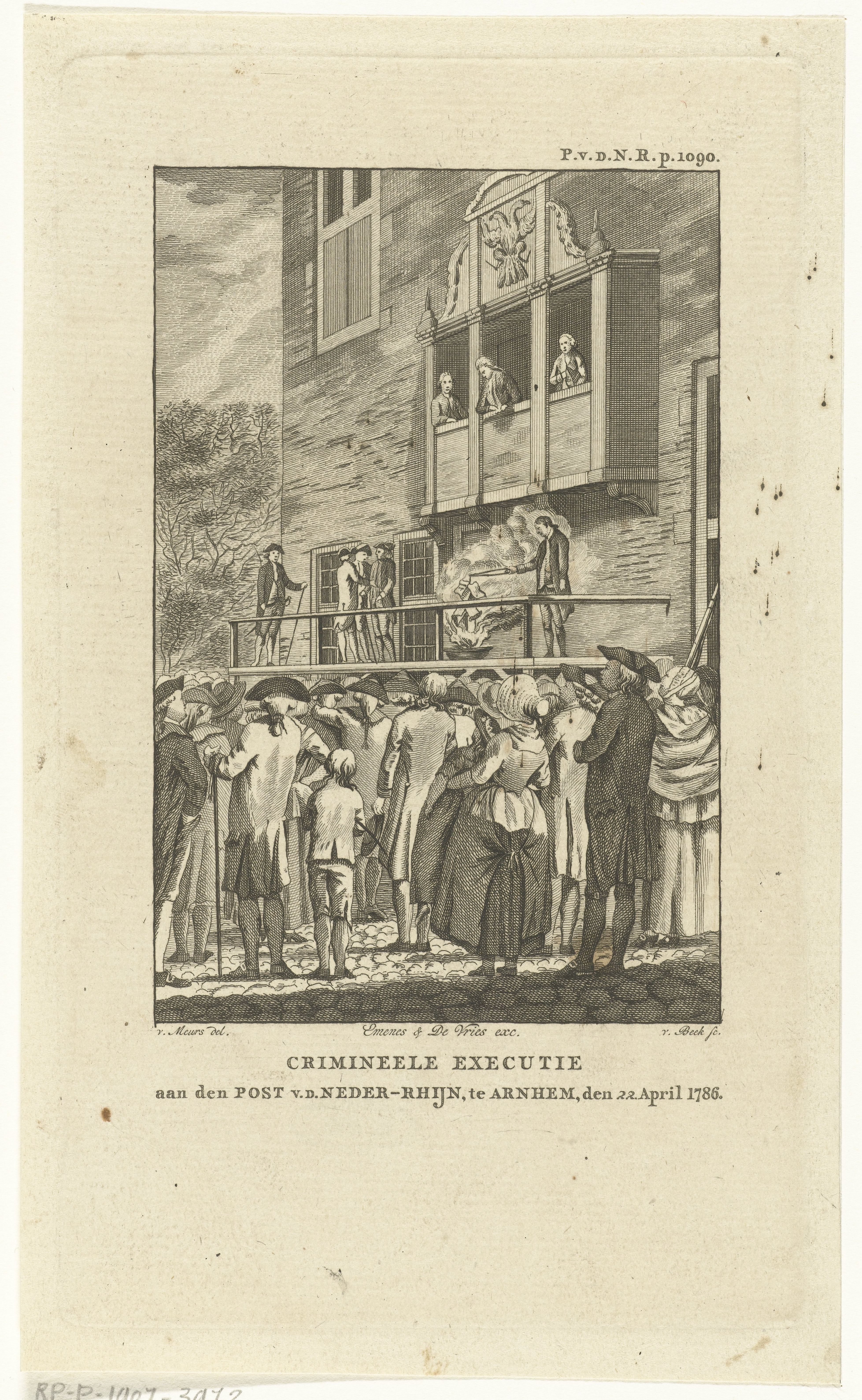 Verbranding van Post van de Neder-Rhijn op schavot voor stadhuis te Arnhem op 22 april 1786