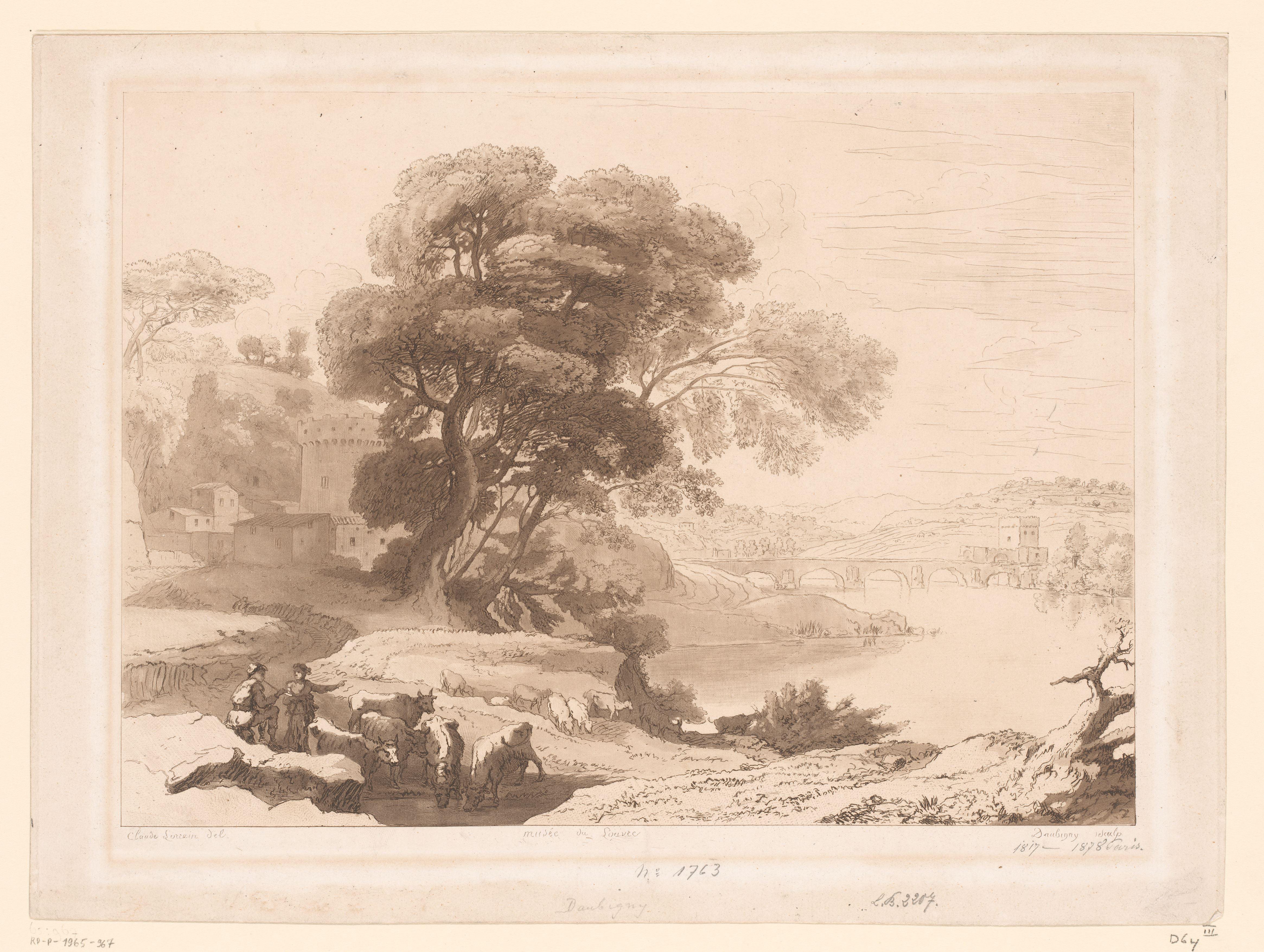 Landschap met herders en vee aan de rand van een rivier