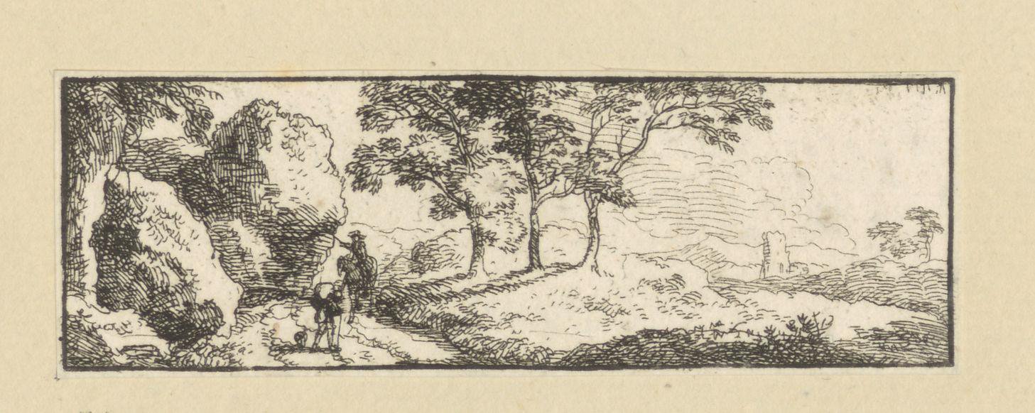 Landschap met reizigers op een pad langs rotsen