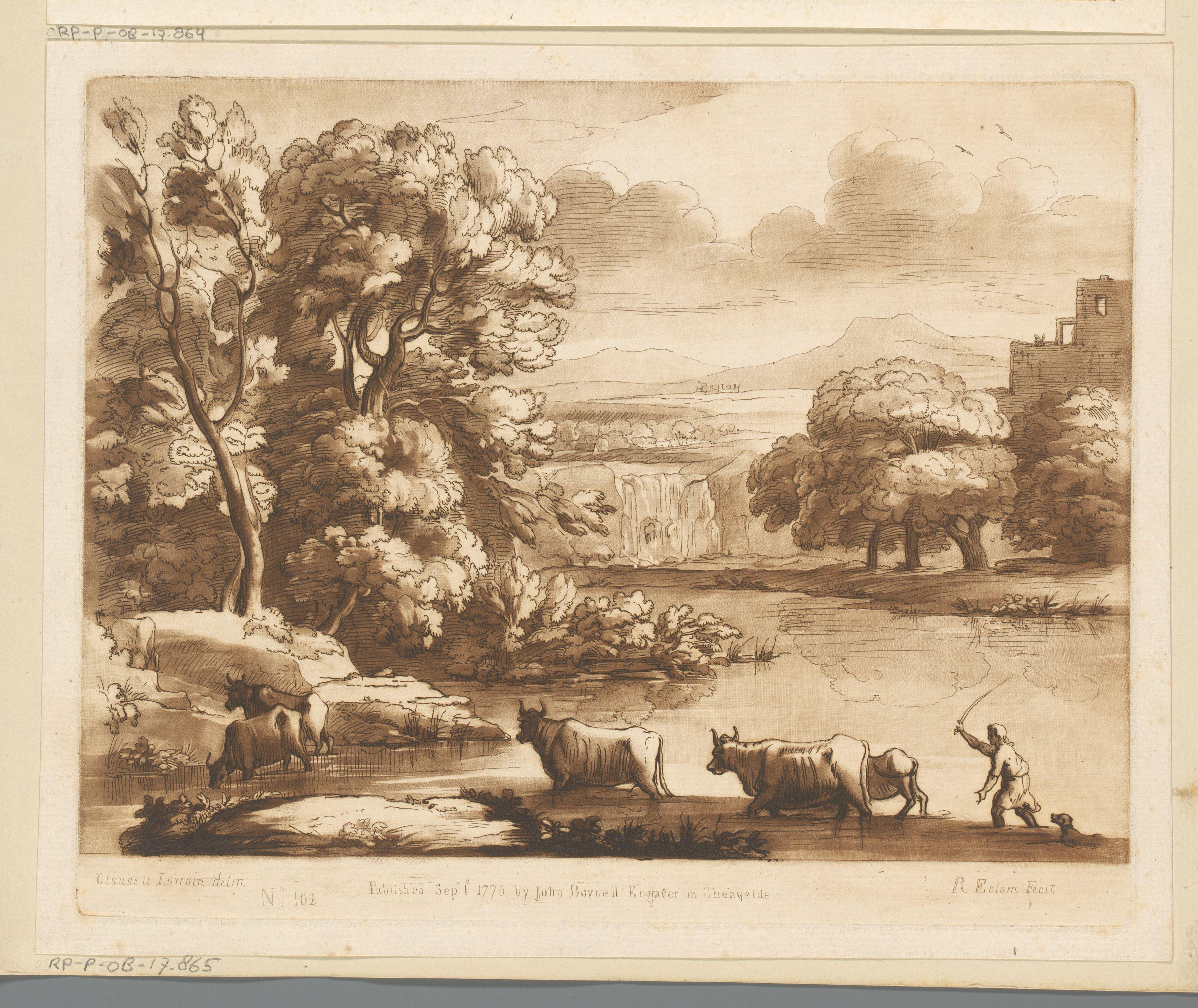 Landschap met waterval en vijf ossen en herder die een rivier oversteken