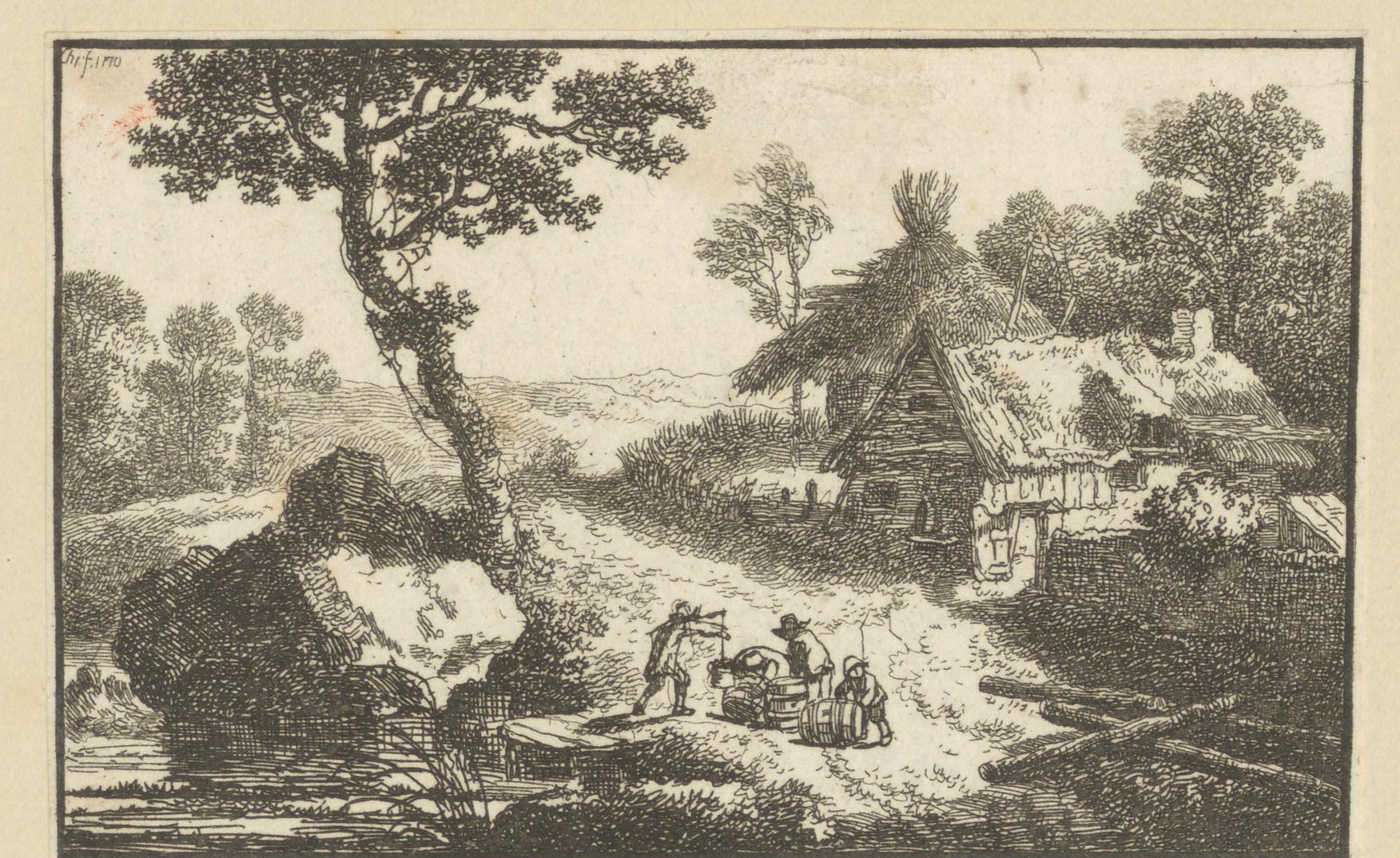 Landschap met boerderij en mannen die vaten verplaatsen