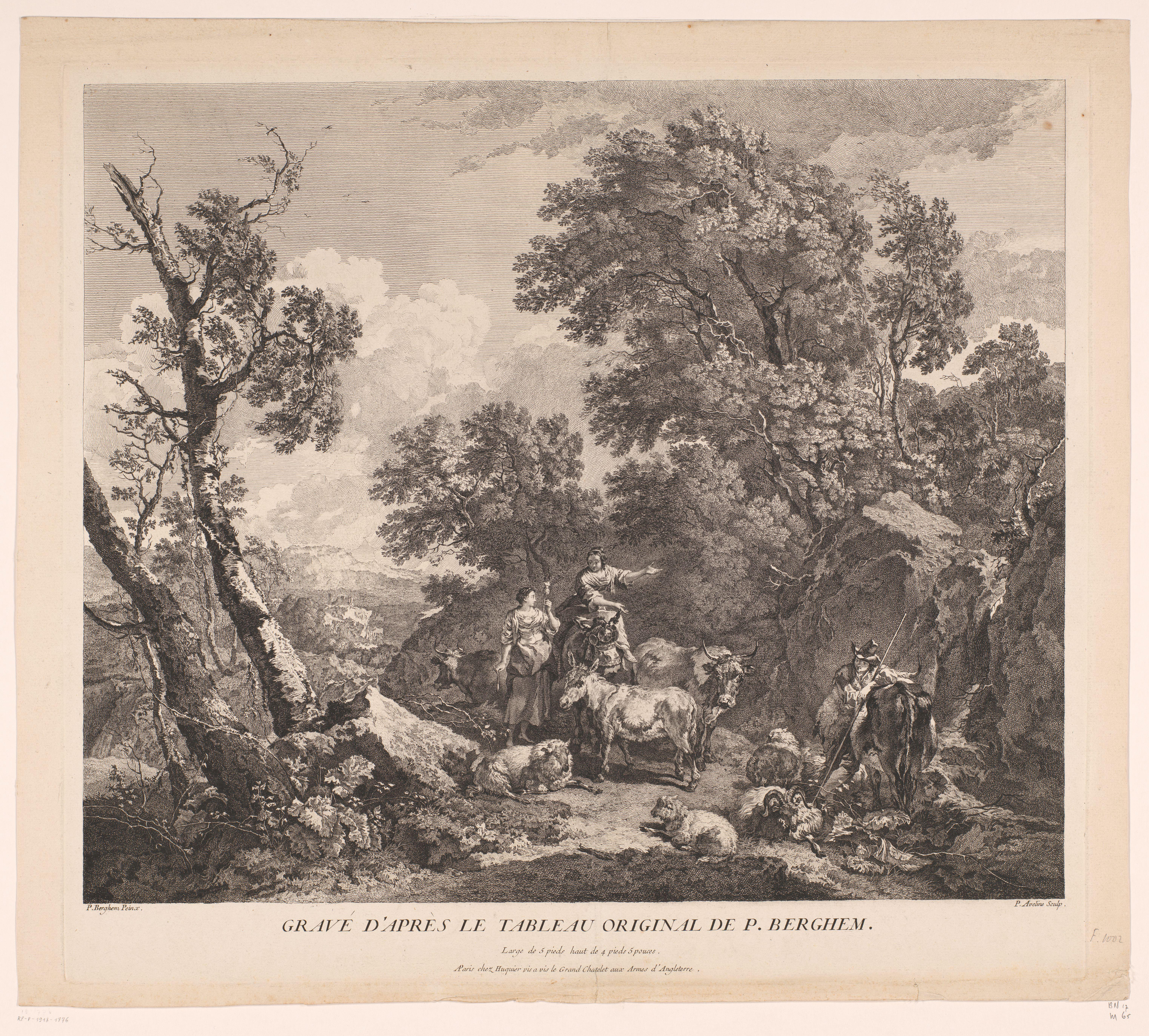 Landschap met twee herderinnen, een herder en hun kudde