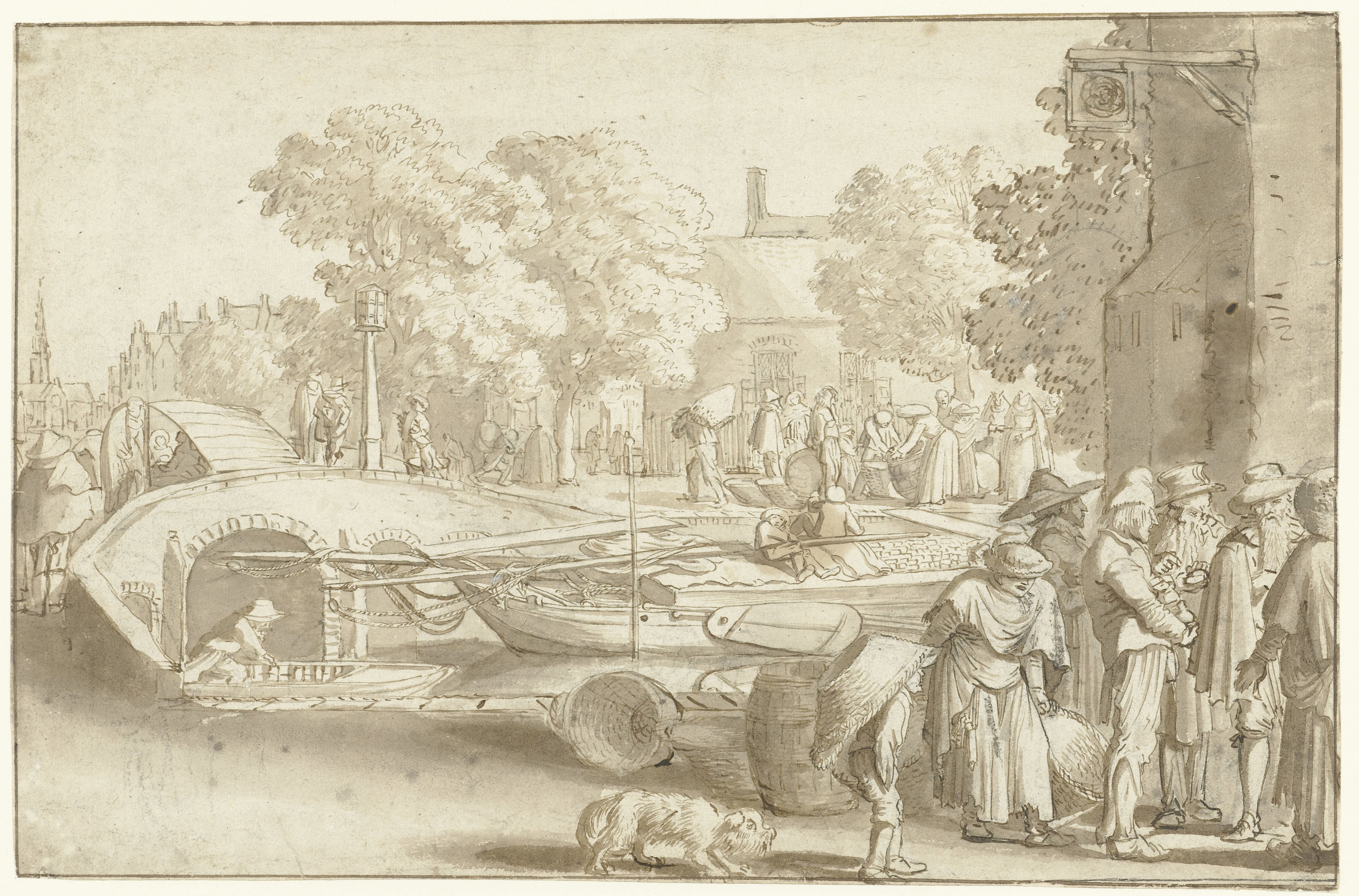 Marktscène bij een gracht te Haarlem