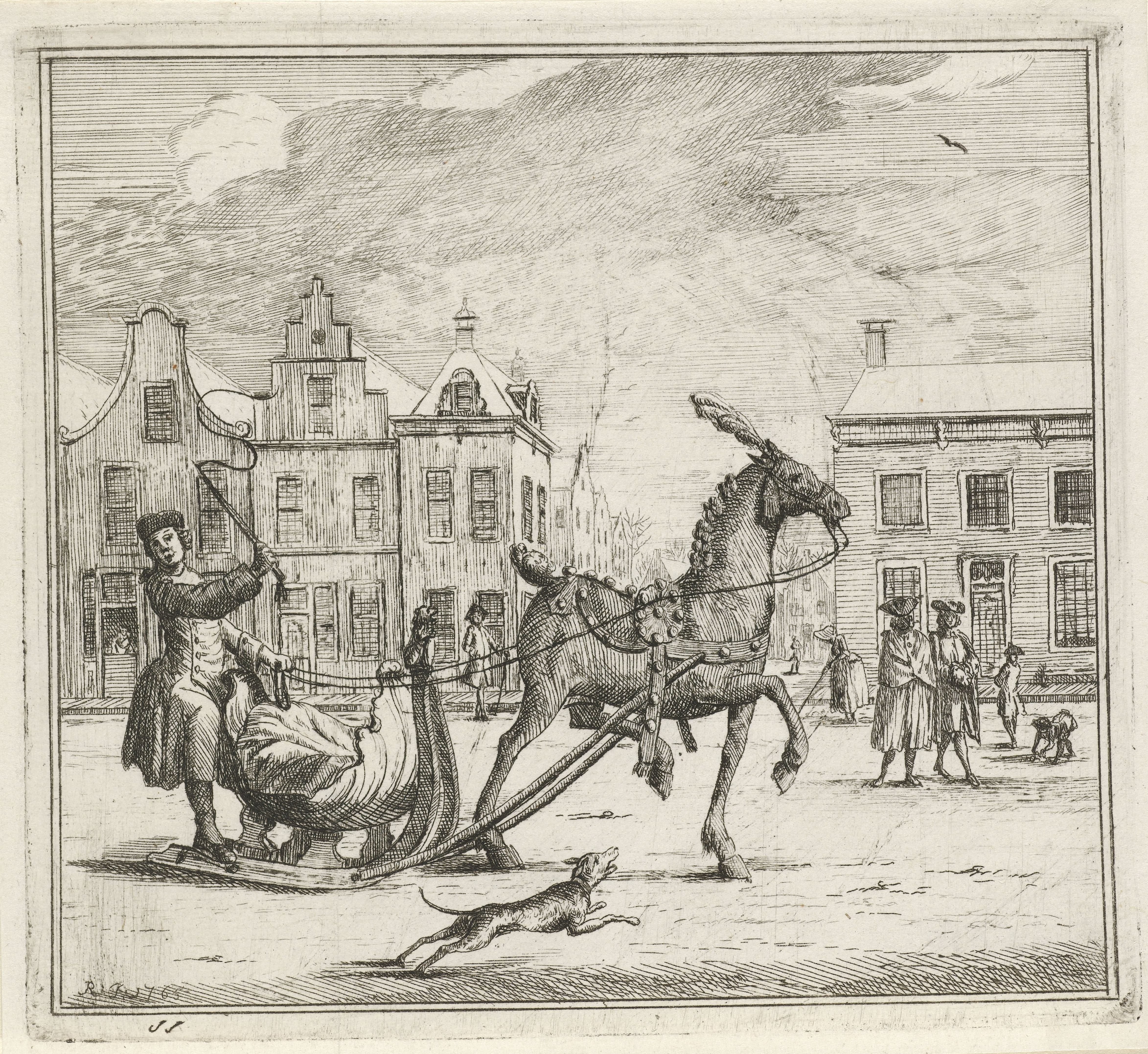 Stadsgezicht met door paard getrokken slee