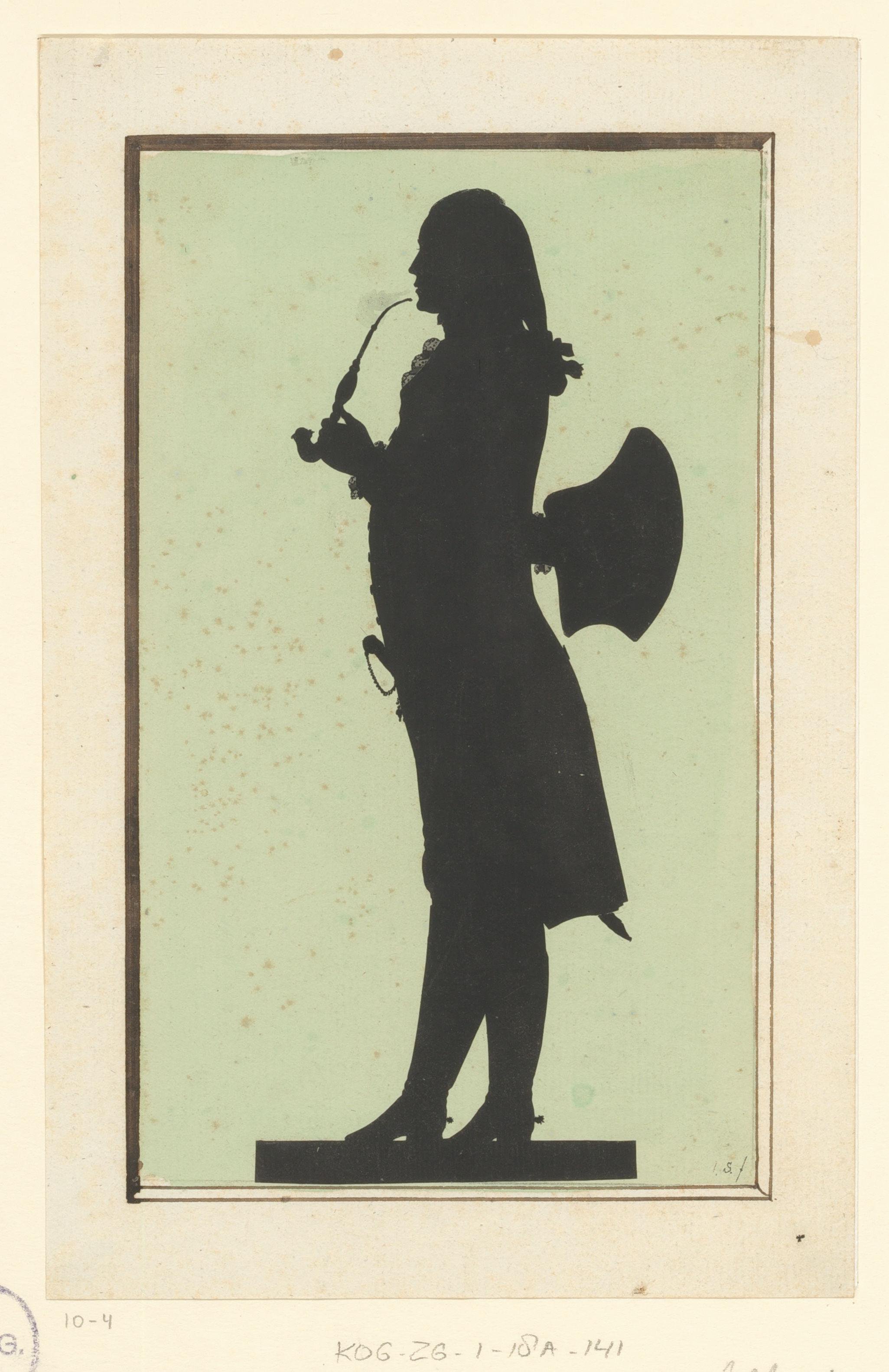 Silhouetportret van een onbekende staande man met pijp en steek