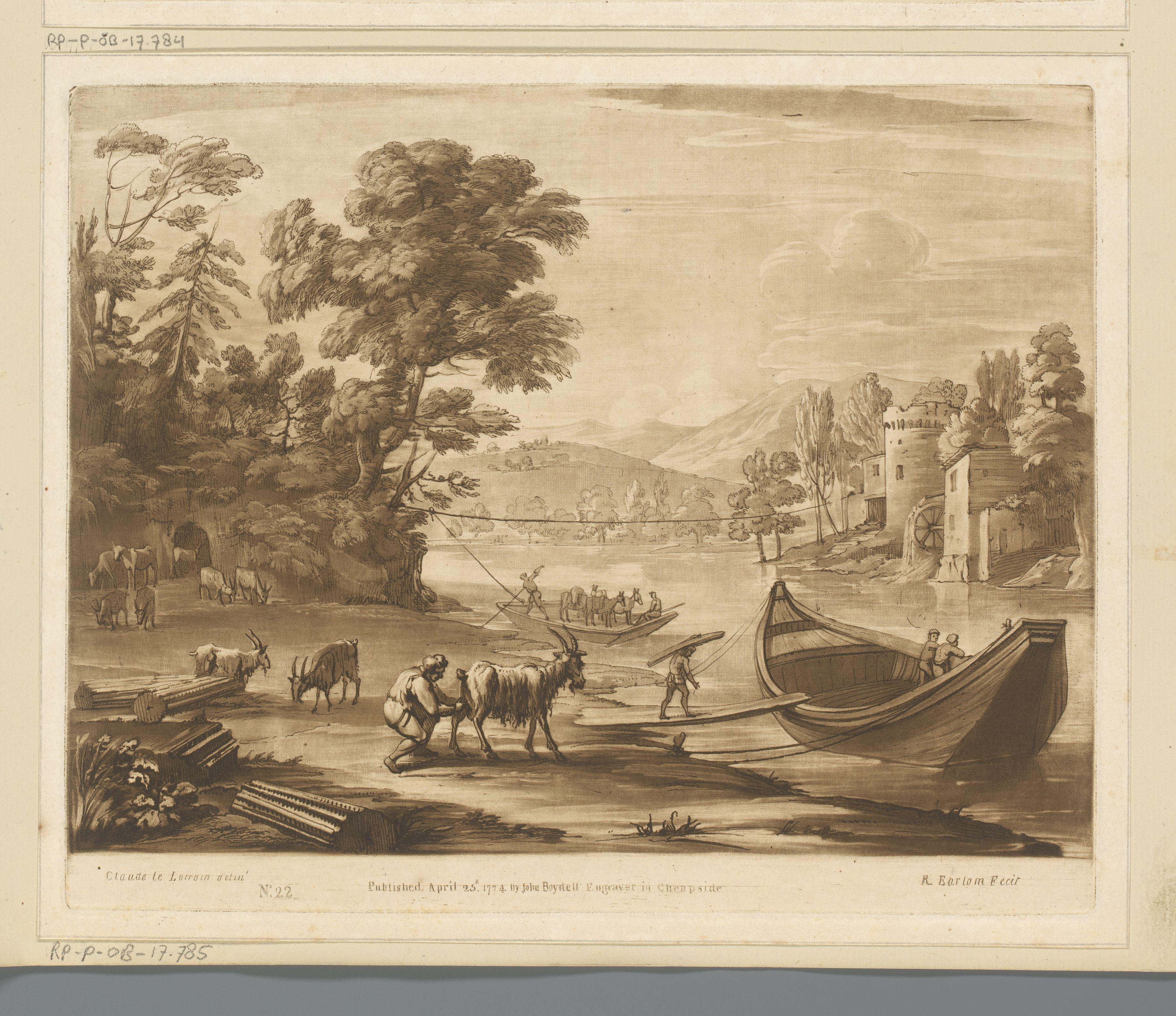 Landschap met vee en pont op een rivier