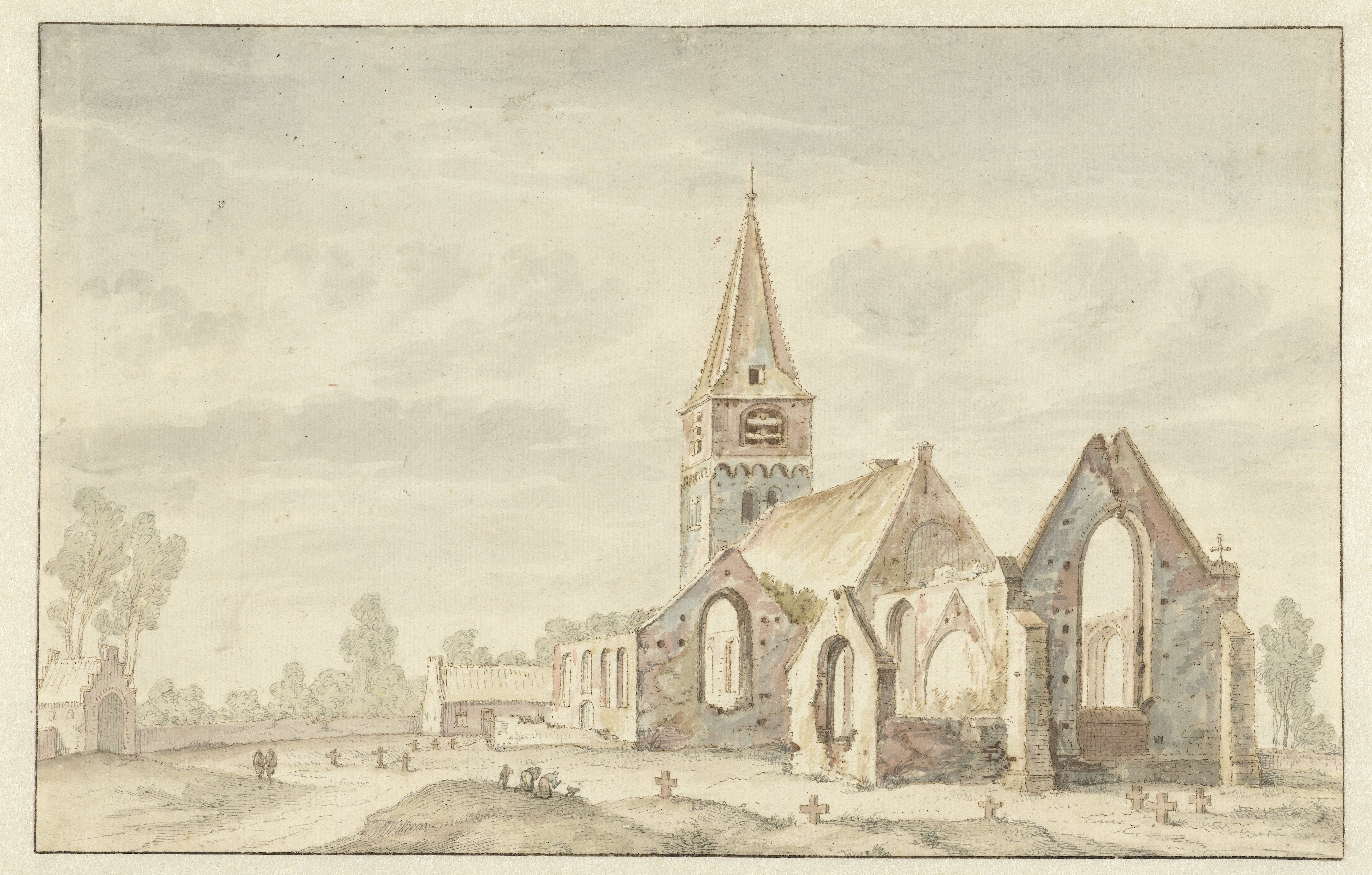 Kerk naast de ruïnes van een oude kerk te Velsen