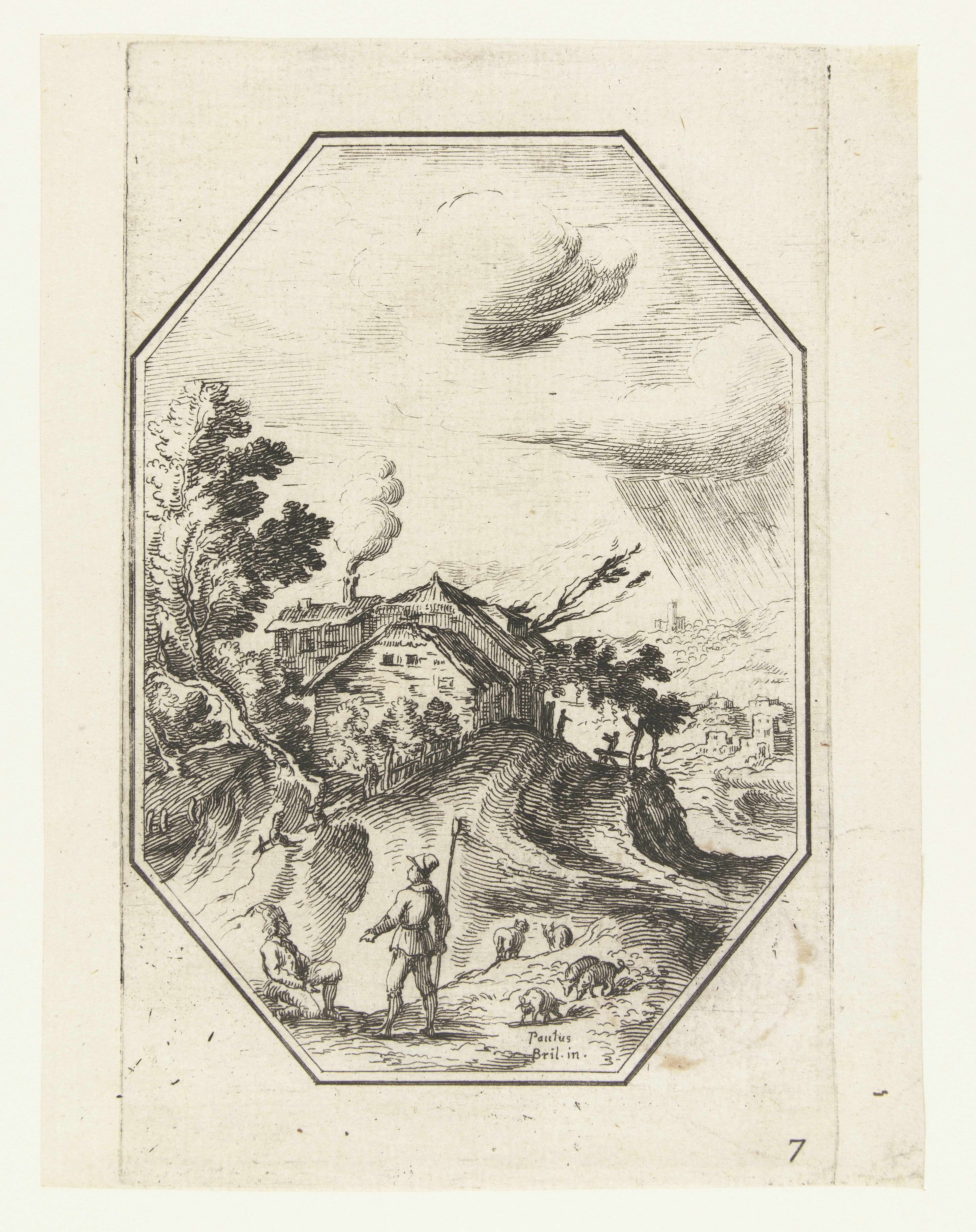 Landschap met herder in octagonaal kader