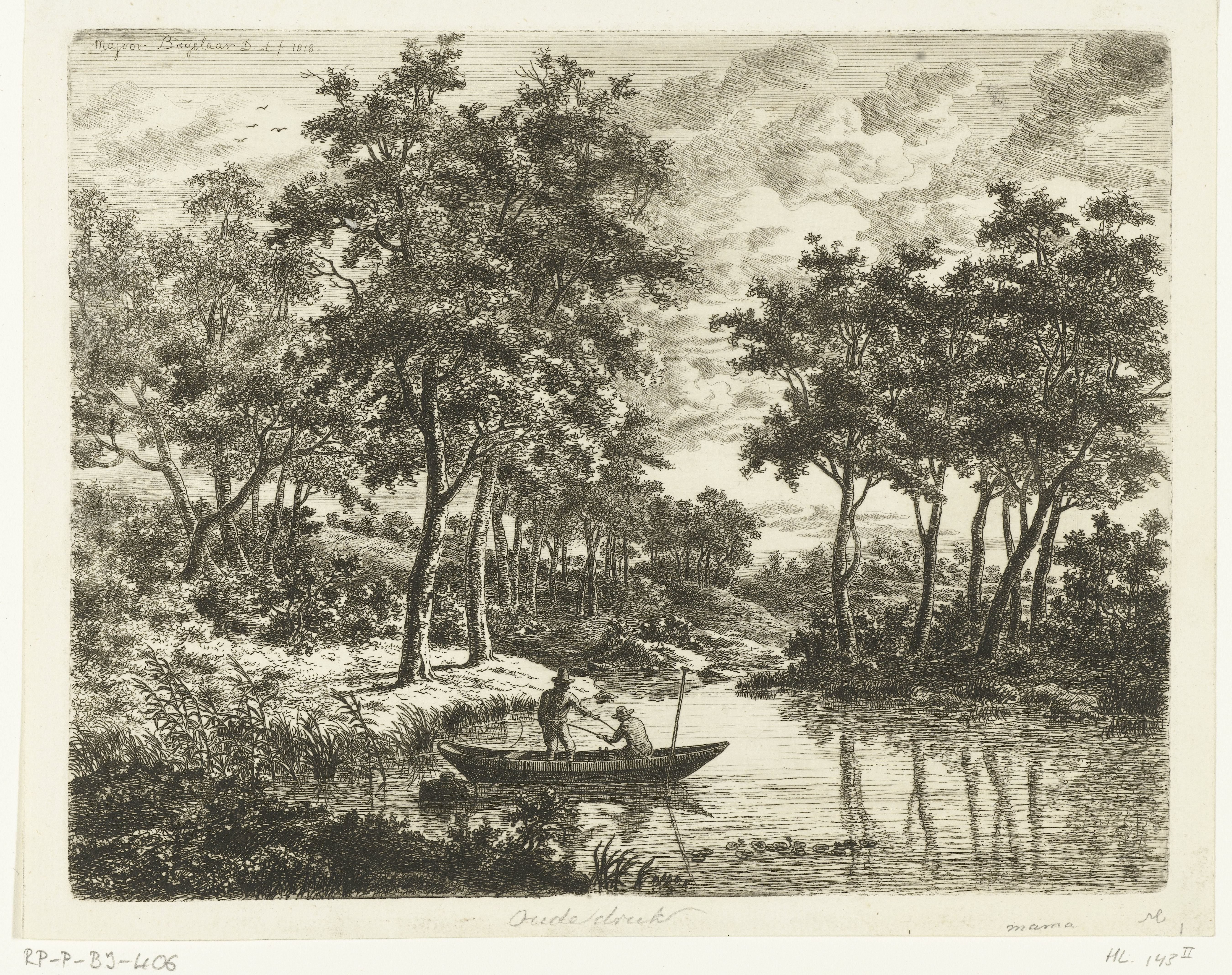 Landschap met twee hengelende vissers in een boot op een vijver