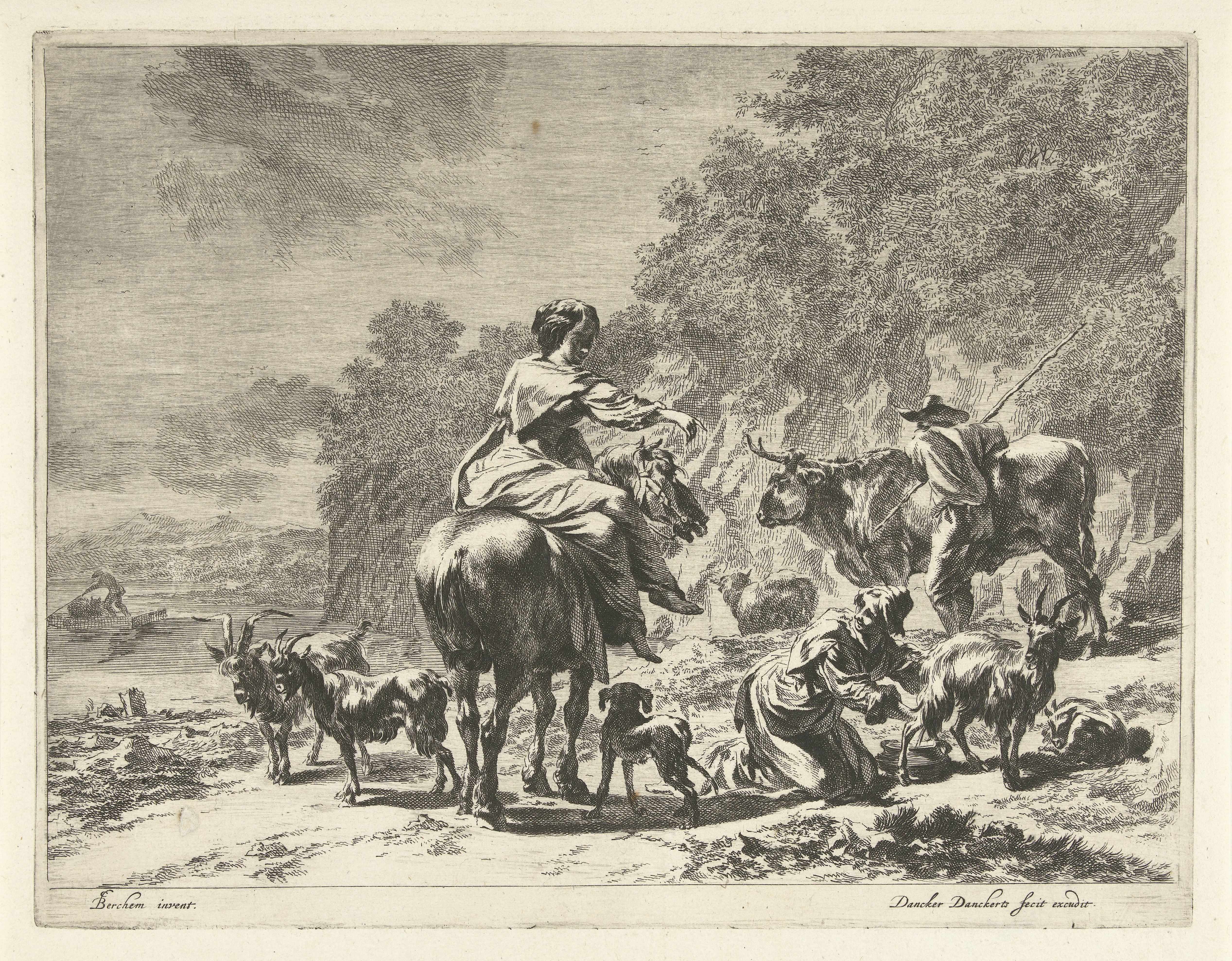 Landschap met vrouw te paard en een herderin die een geit melkt