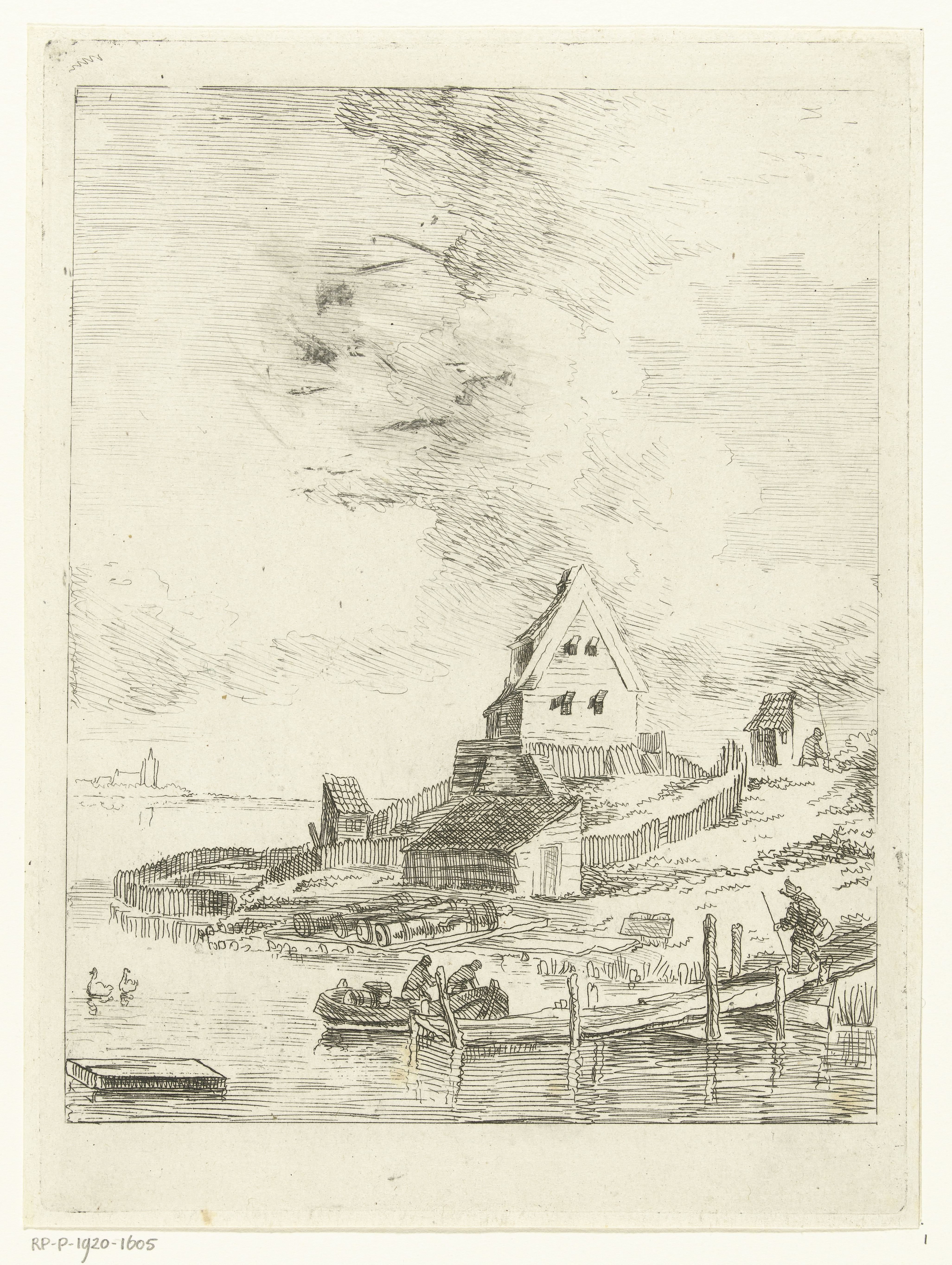 Landschap met huis en steiger aan rivier