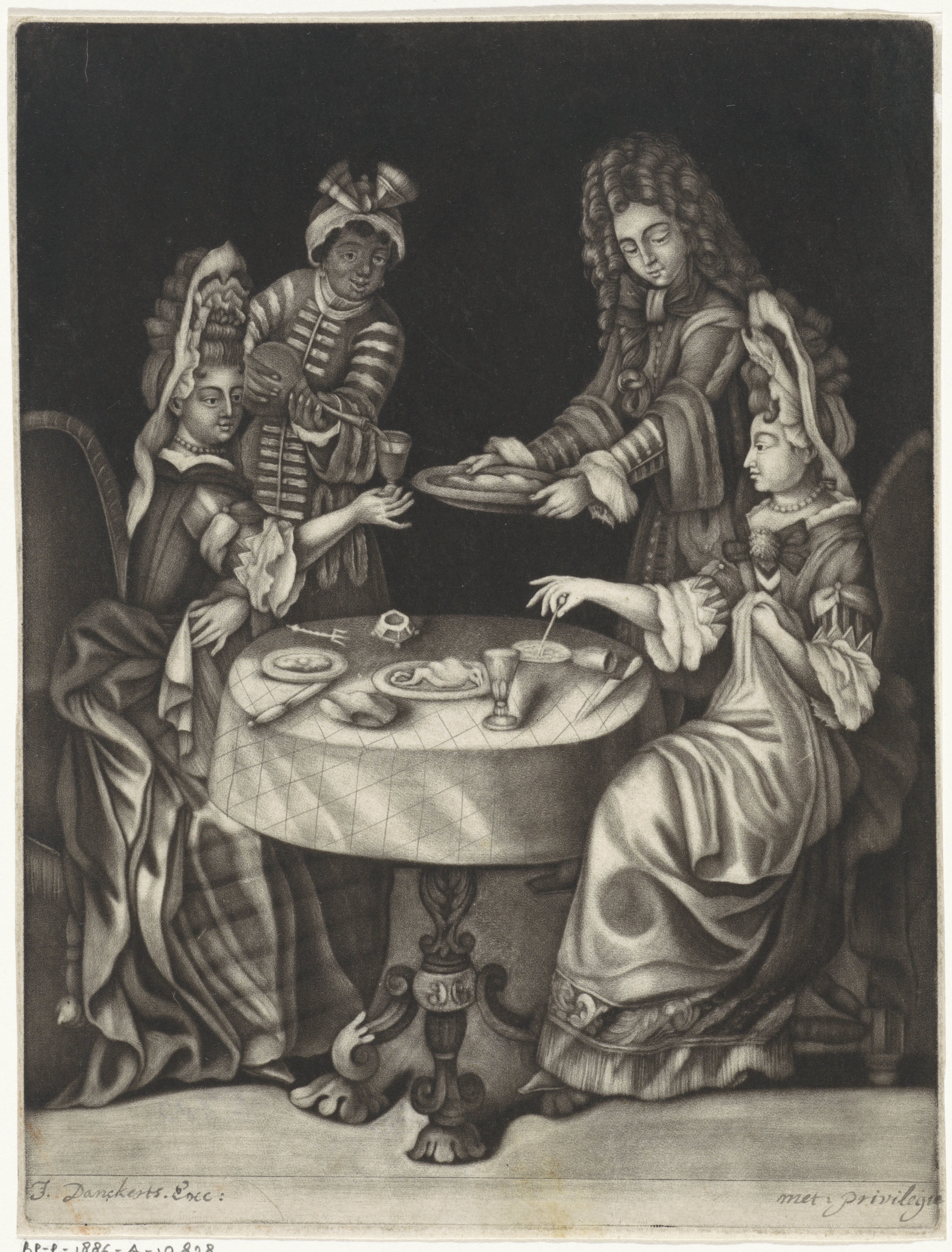 Twee vrouwen met fontangekapsel aan tafel
