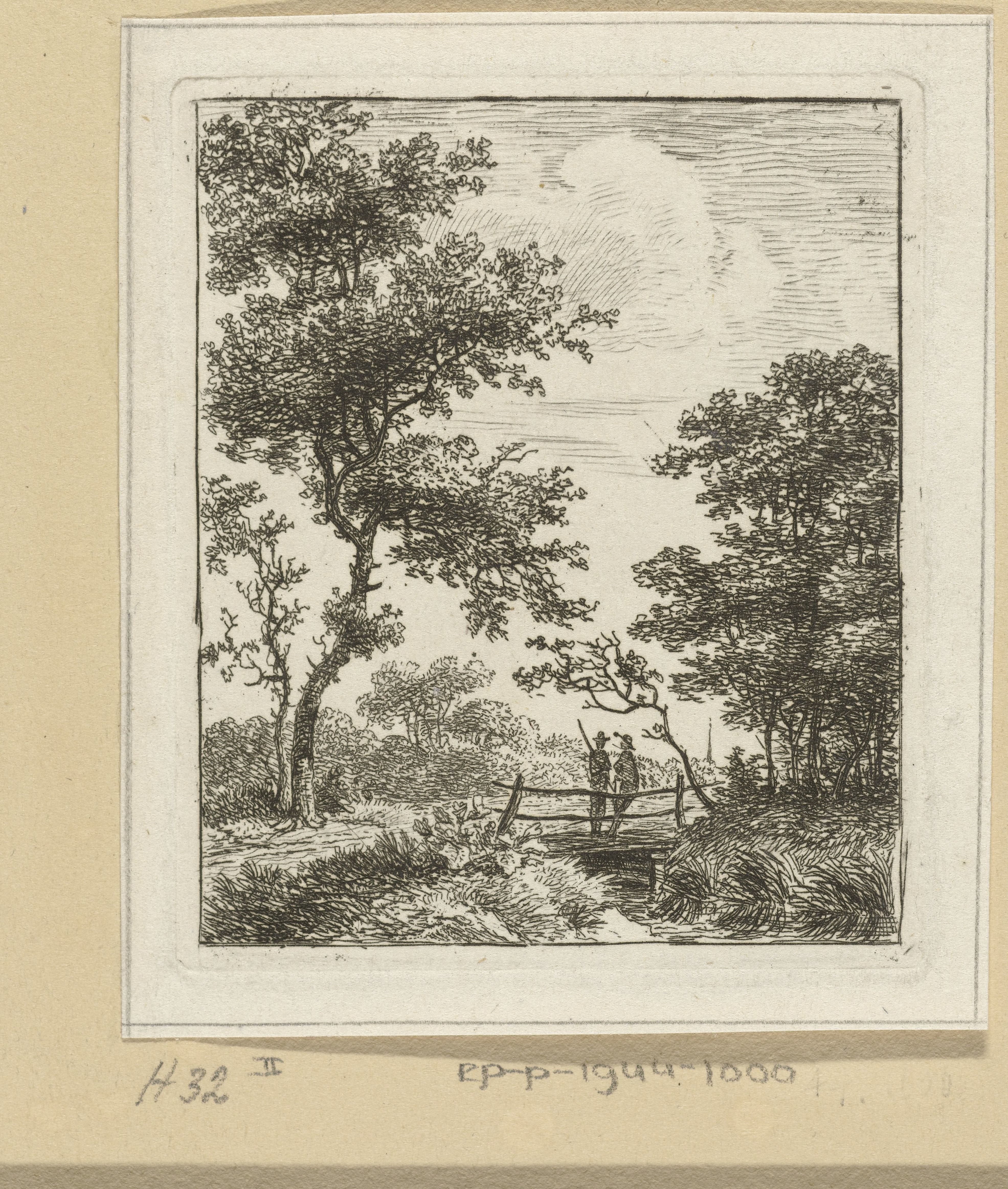 Landschap met twee mannen op een brug