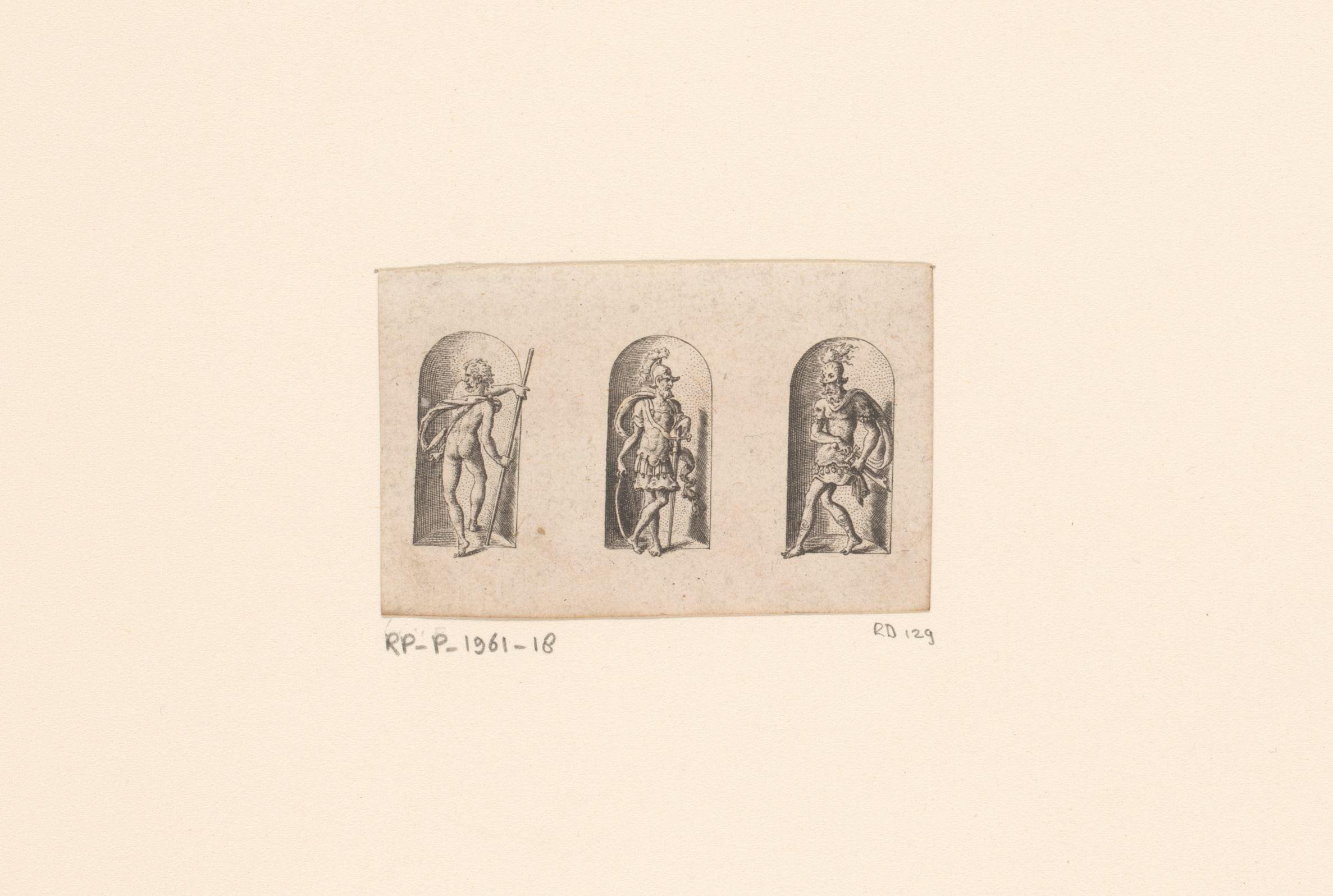 Drie nissen met figuren waaronder Saturnus en Mars