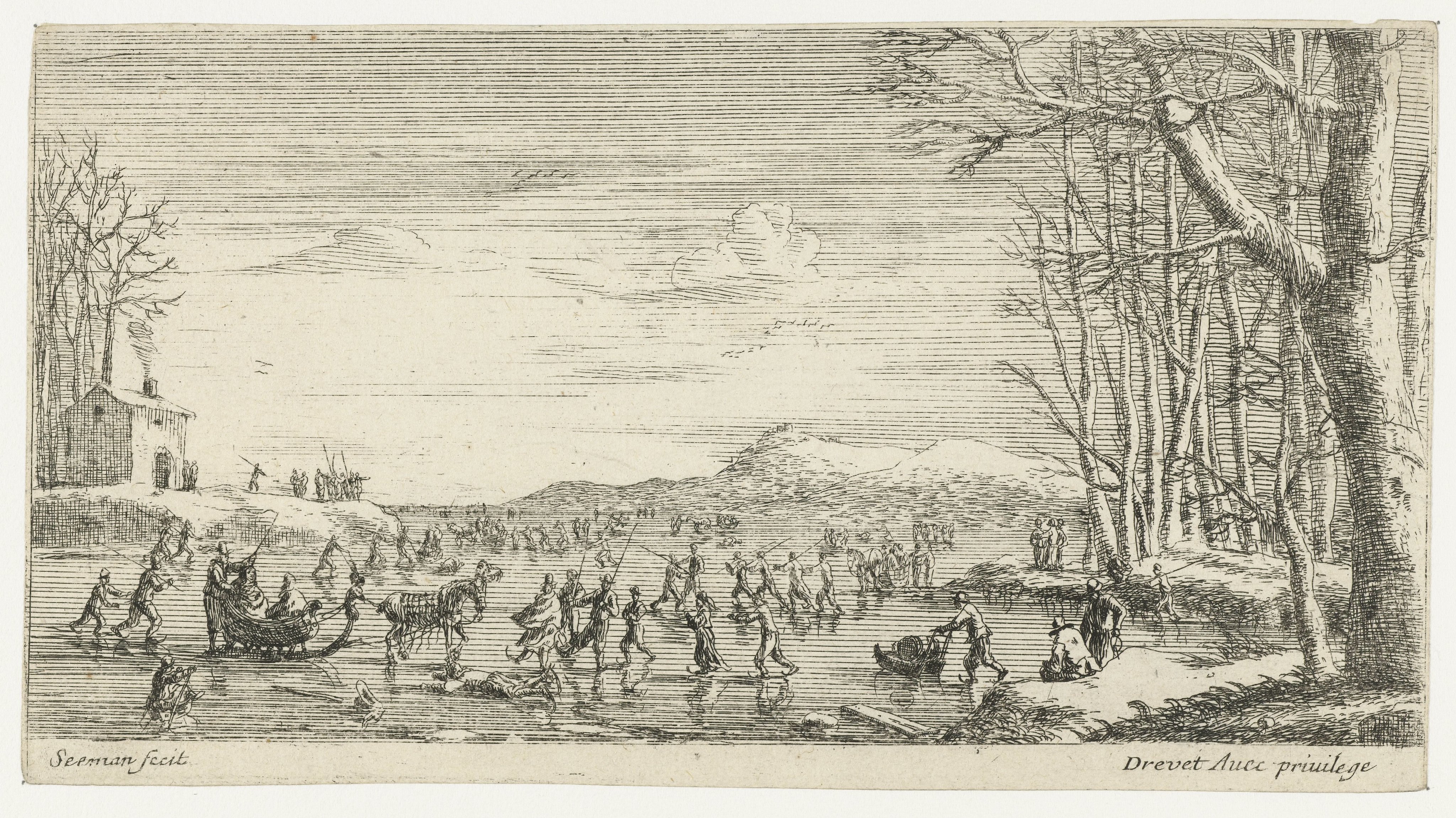 Bevroren rivier met schaatsers