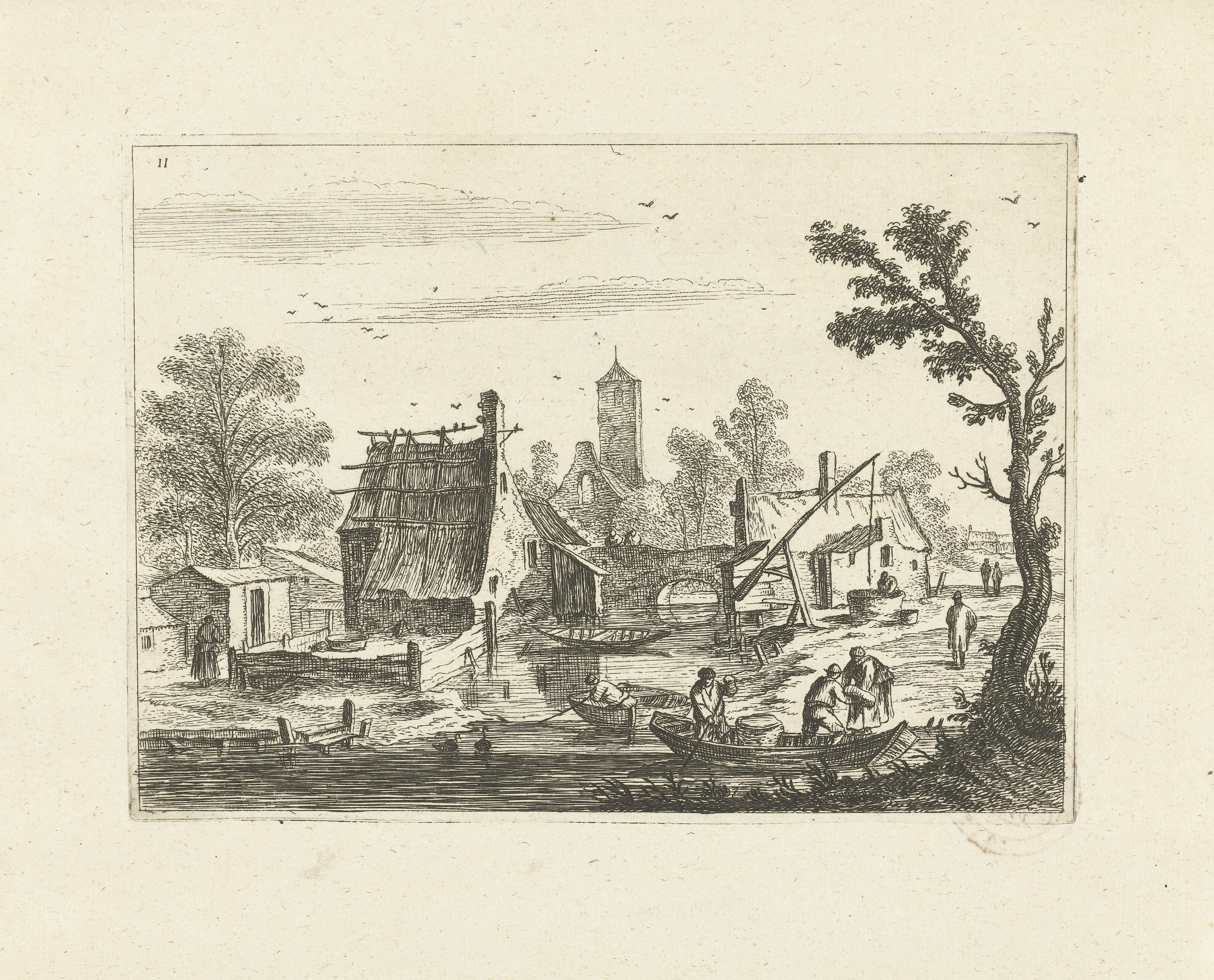 Landschap met dorp aan rivier