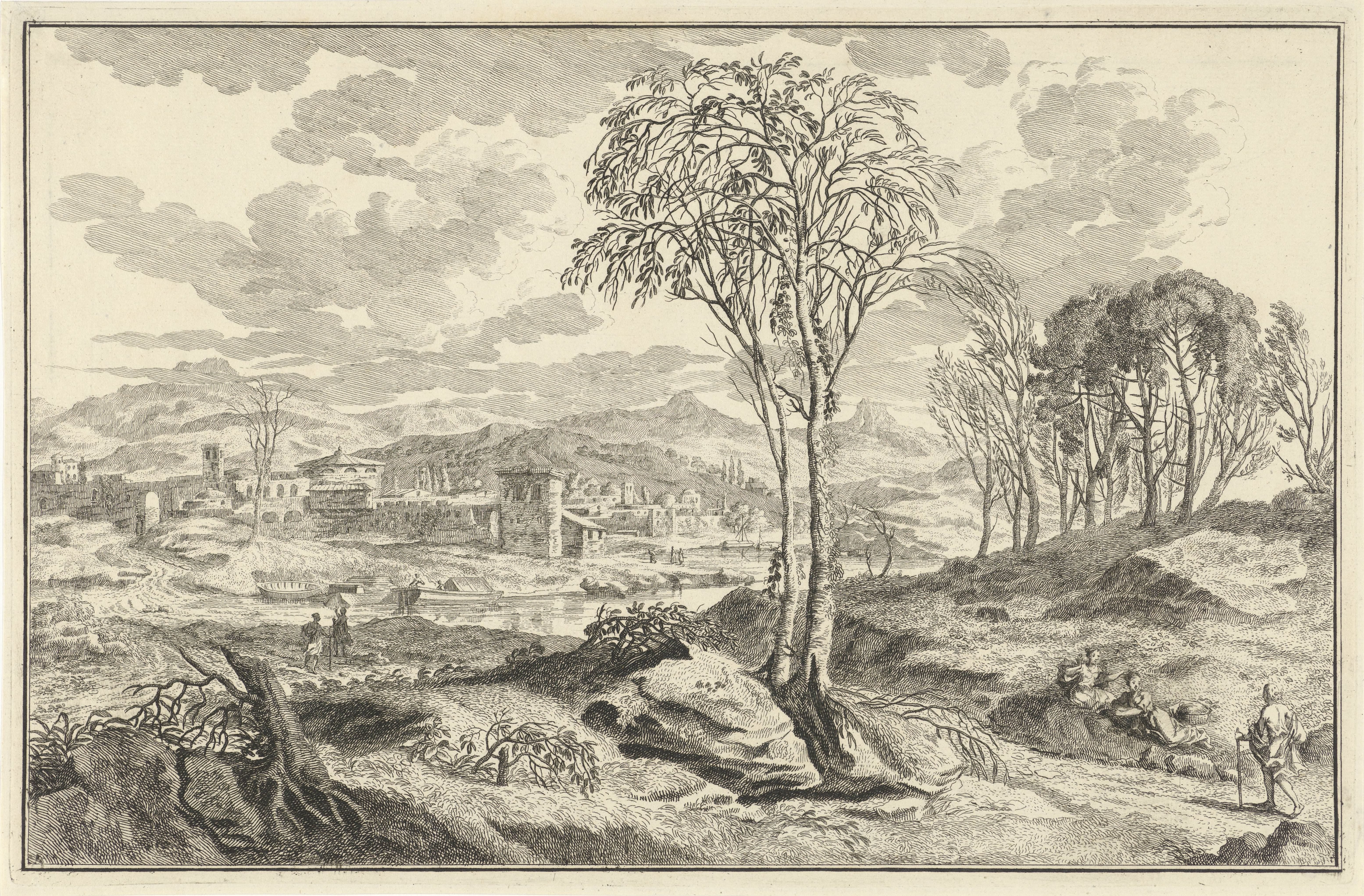 Arcadisch rivierlandschap met stad aan een rivier