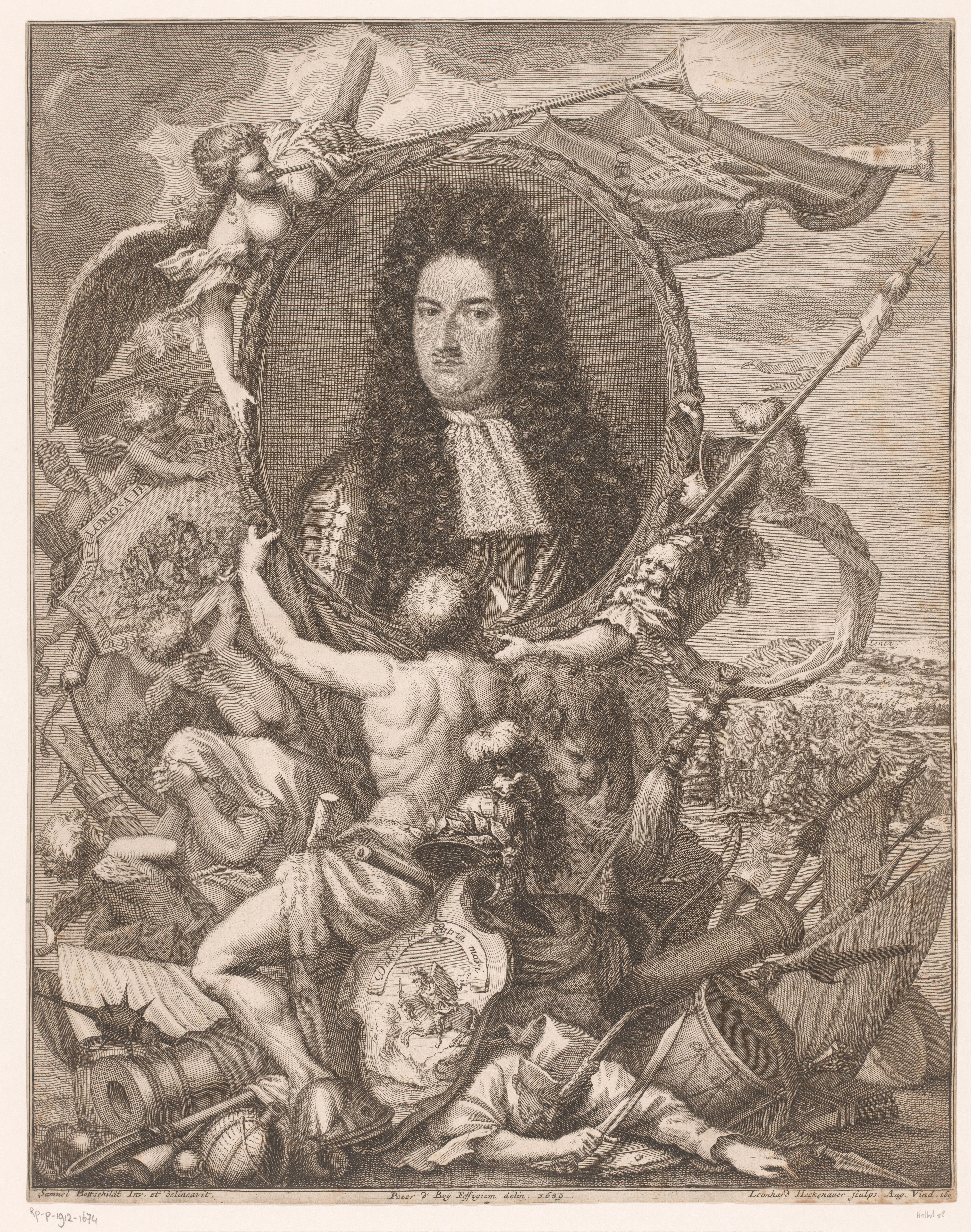 Portret van Eugenius van Savoye gedragen door allegorische figuren