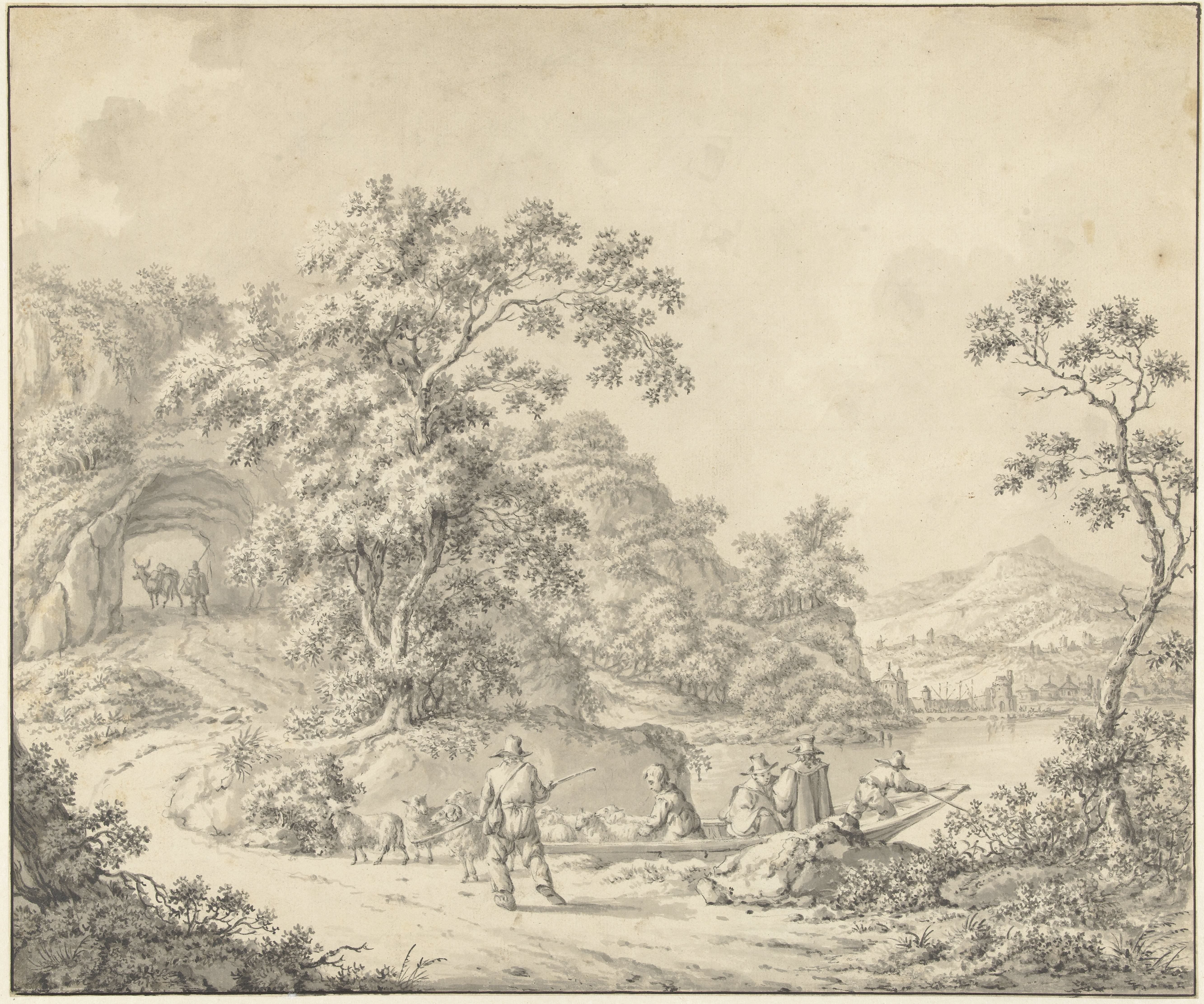 Landschap met een schuitje waarin een schapenherder met zijn kudde