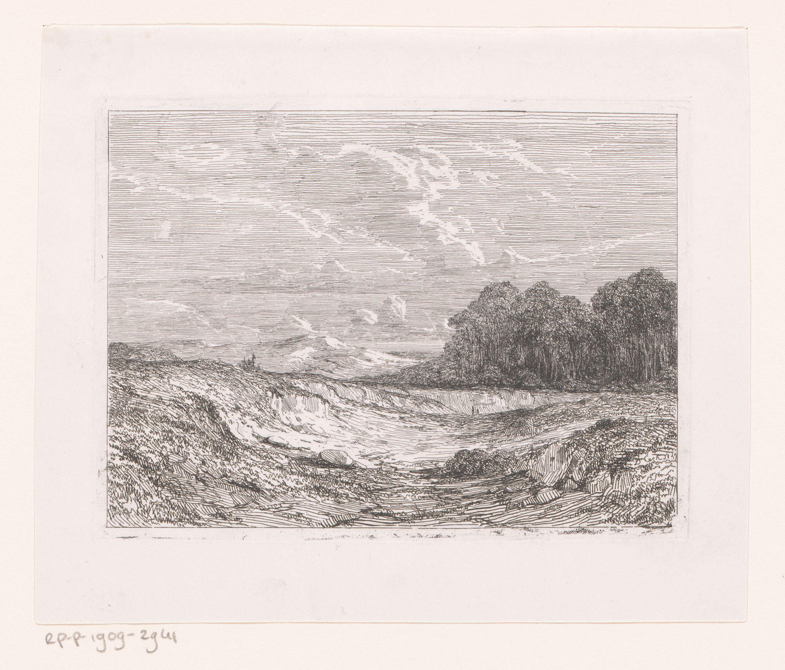 Kaal landschap met op de achtergrond heuvels en bebossing