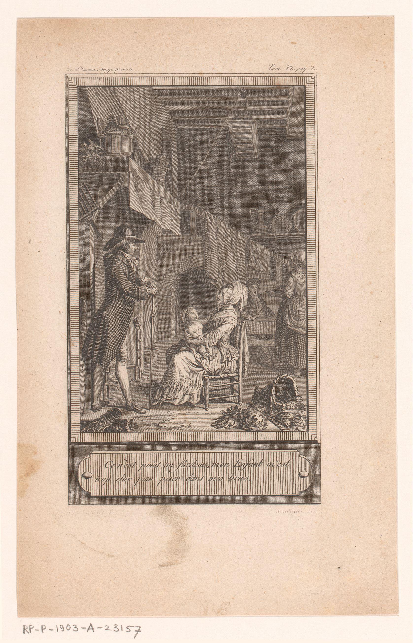 Herberginterieur met een vrouw met baby voor een haard, een staande man voor haar