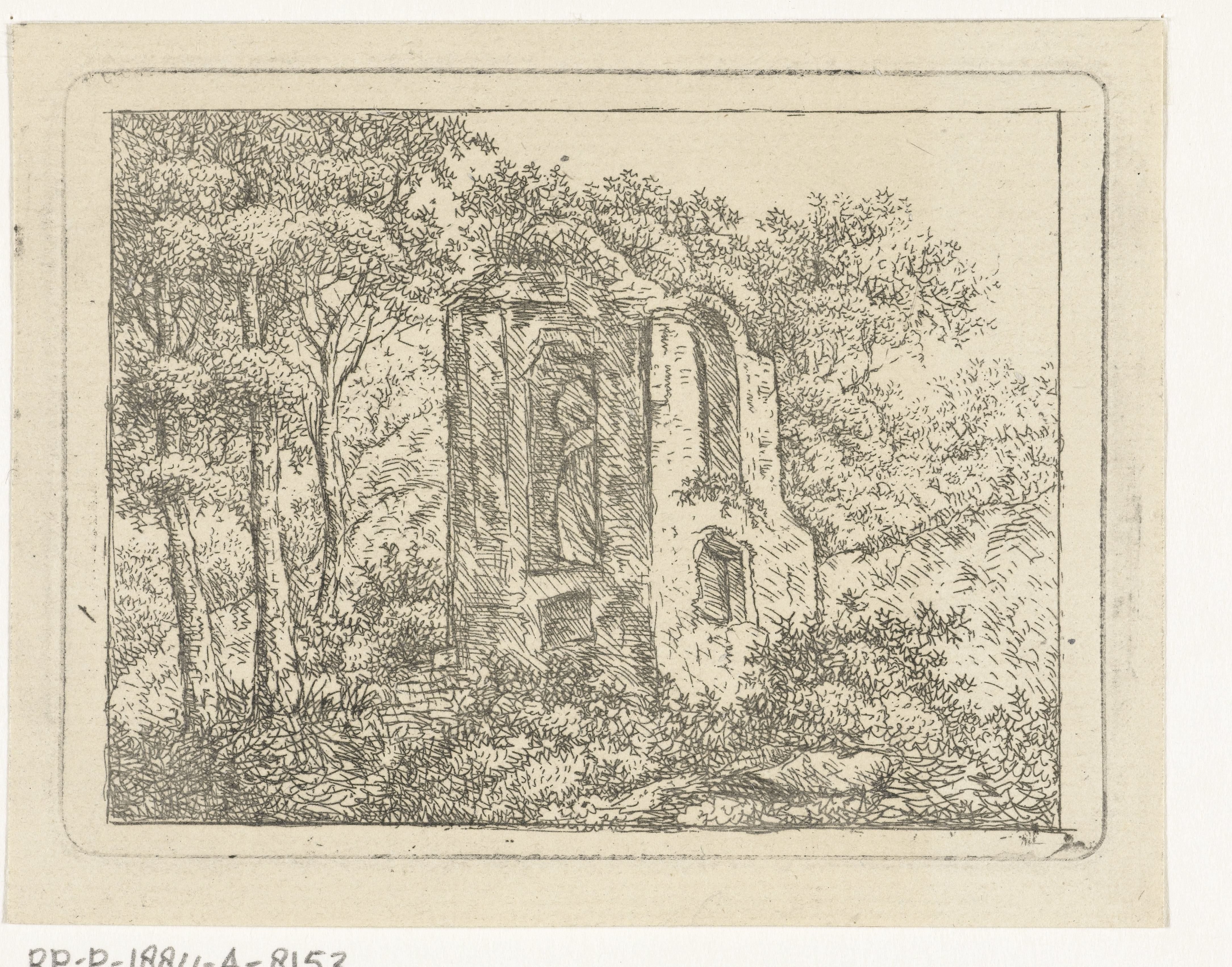 Landschap met ruïne tussen bomen