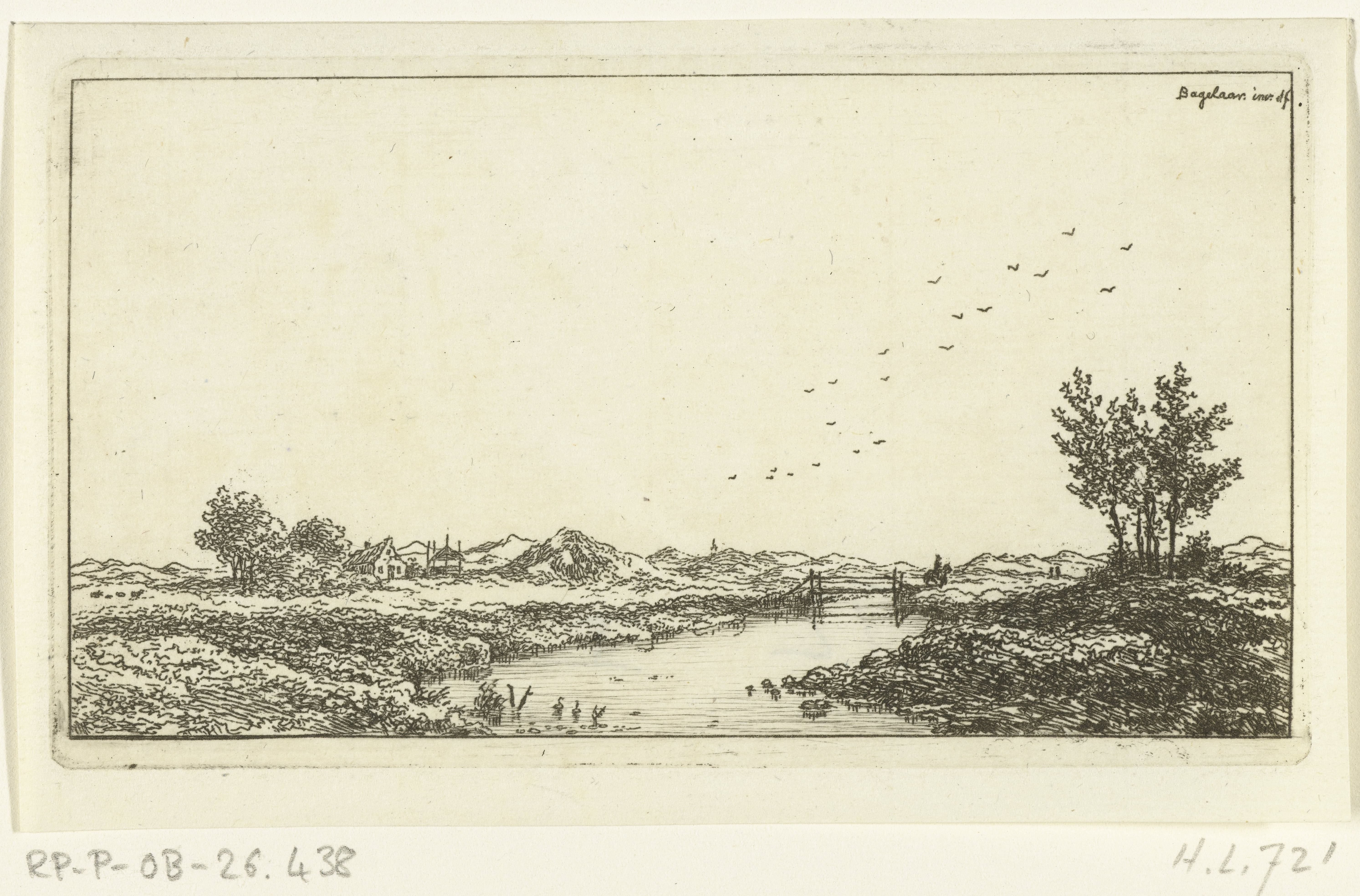 Rivierlandschap met ruiter bij een brug