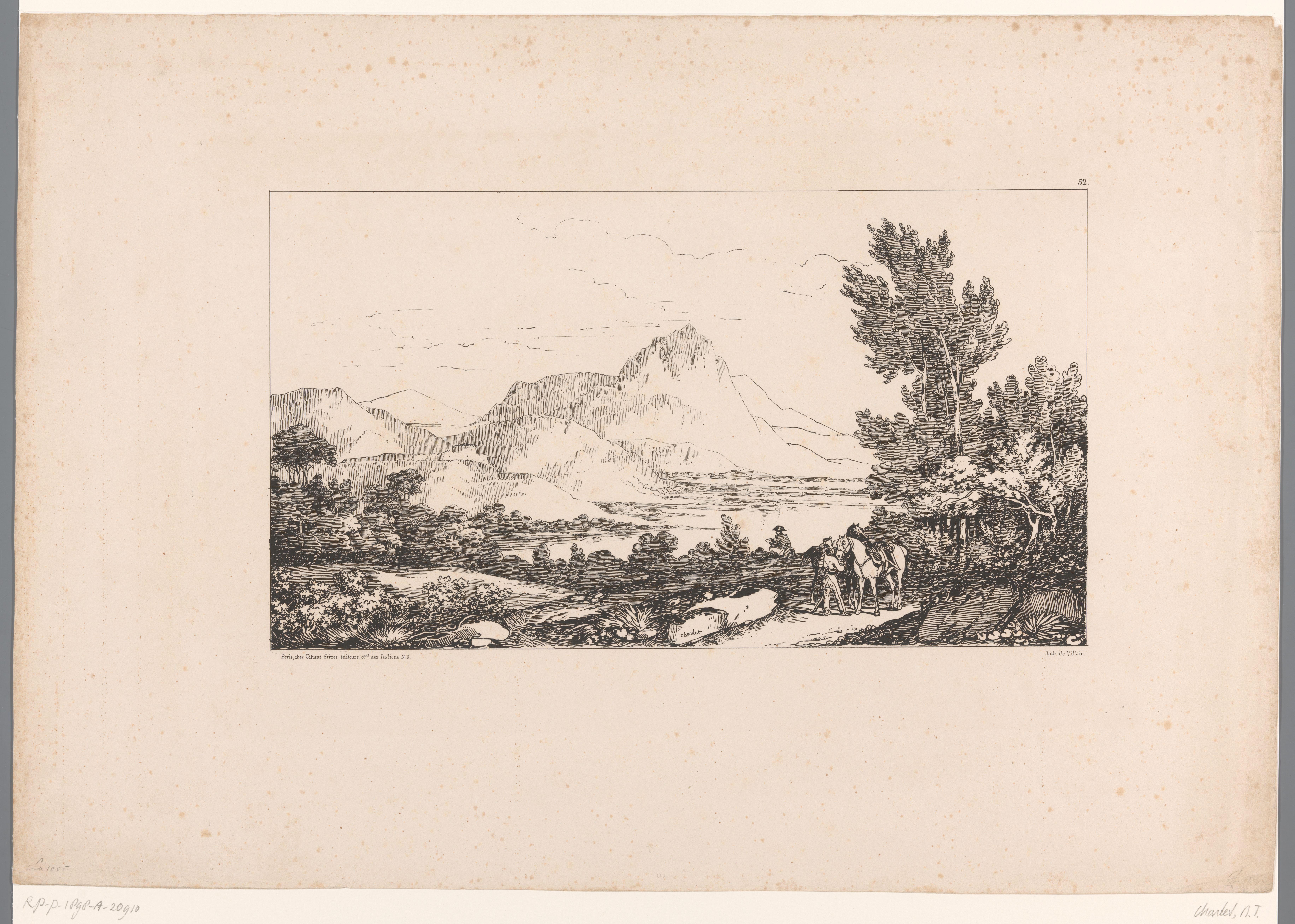 Berglandschap met rivier en soldaten