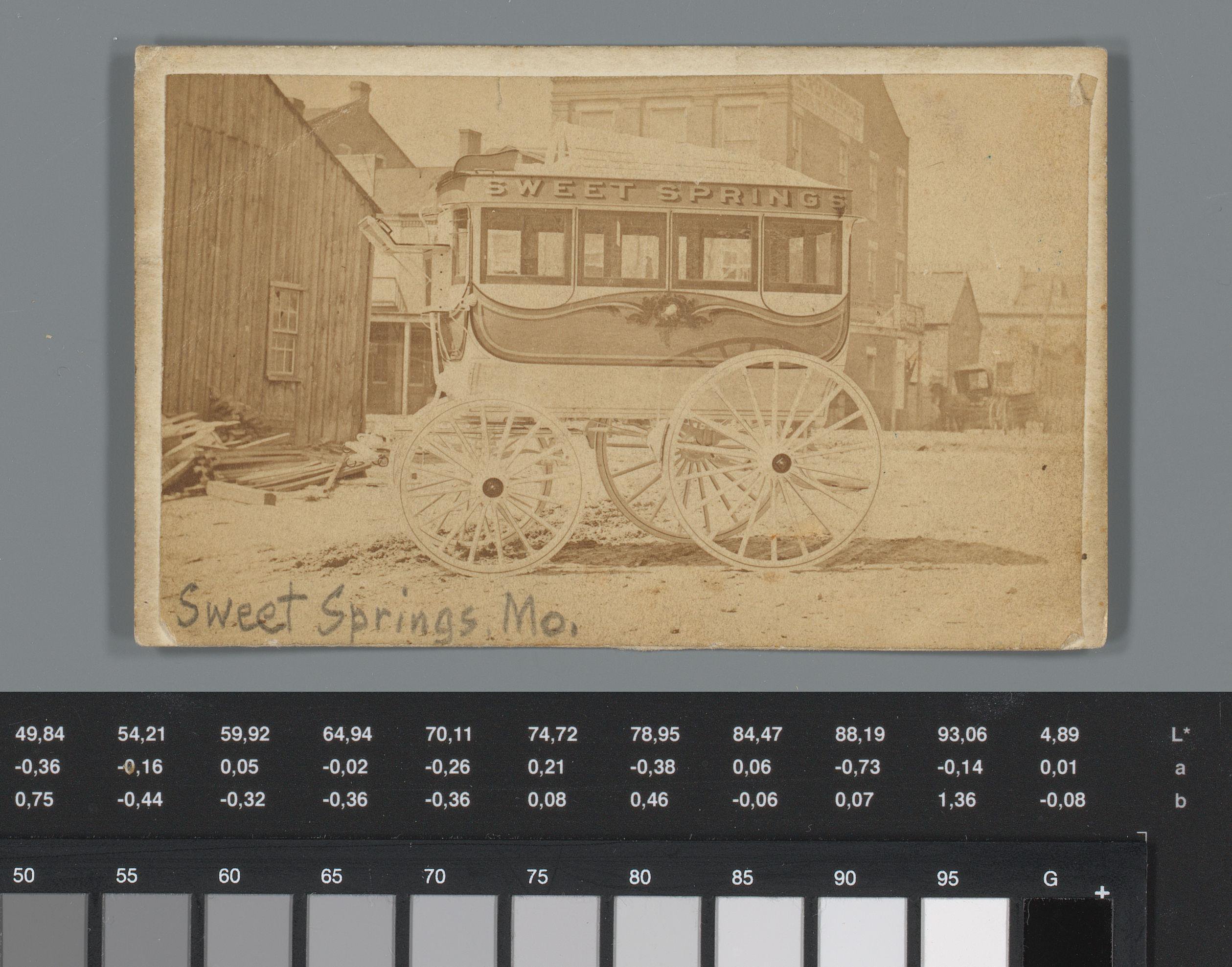 Reclame voor wagens en rijtuigen van Andrew Wight te Saint Louis met gezicht op een omnibus