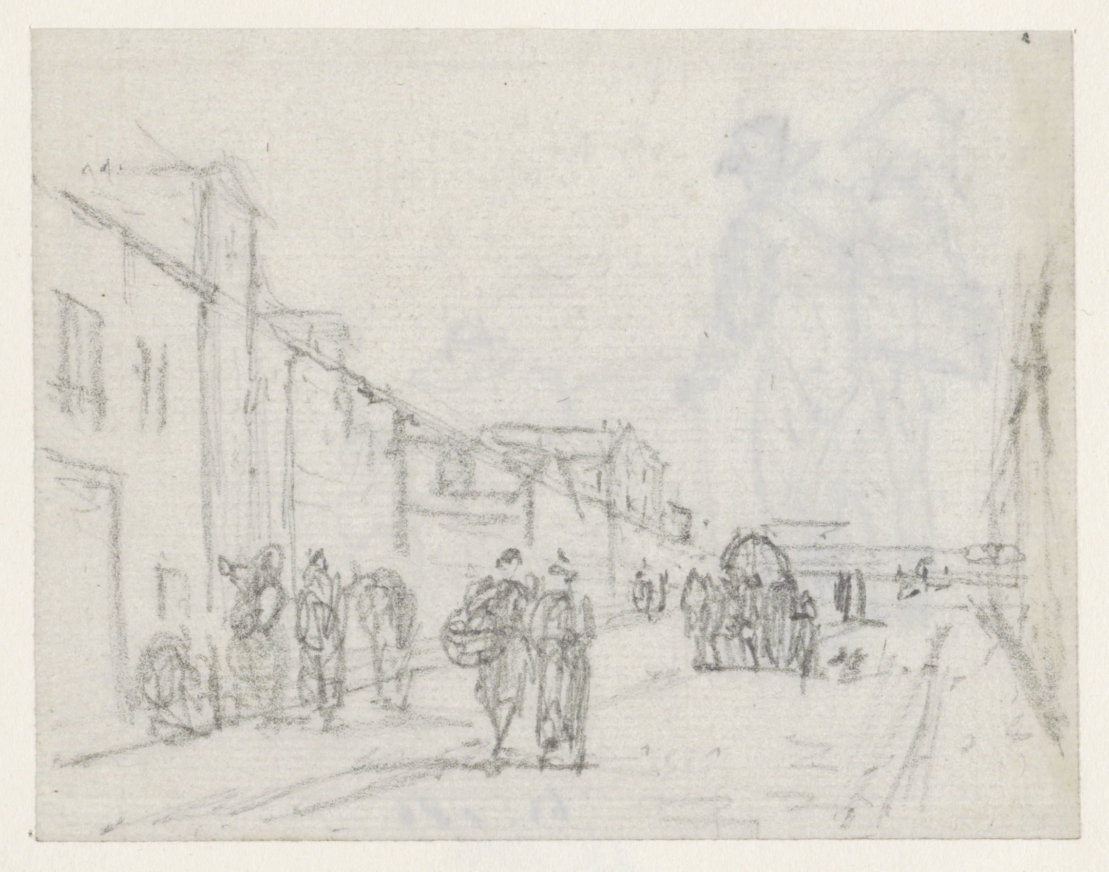Gezicht in een straat met voetgangers en een wagen