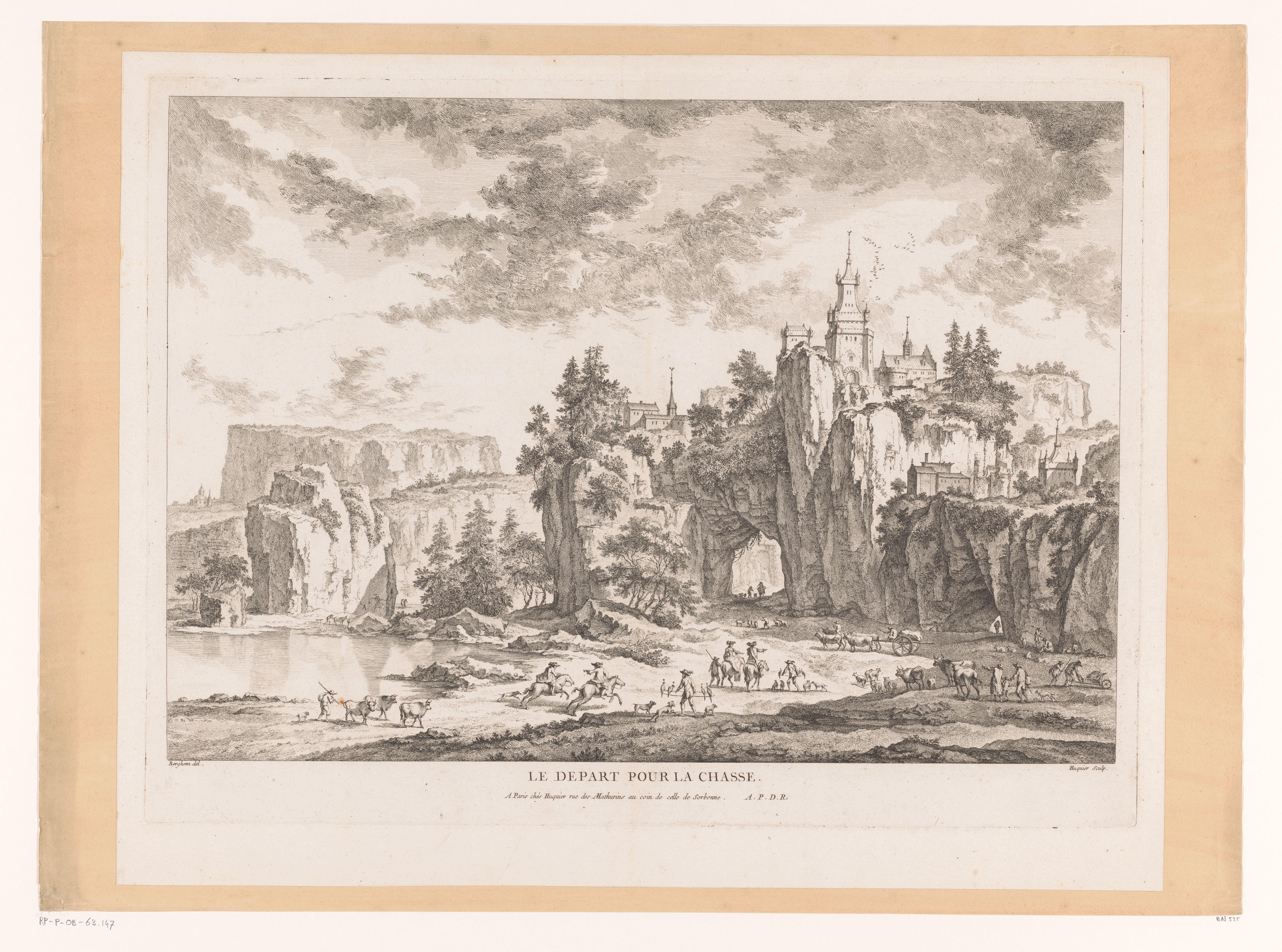 Jachtgezelschap in een landschap met een kasteel op een klif