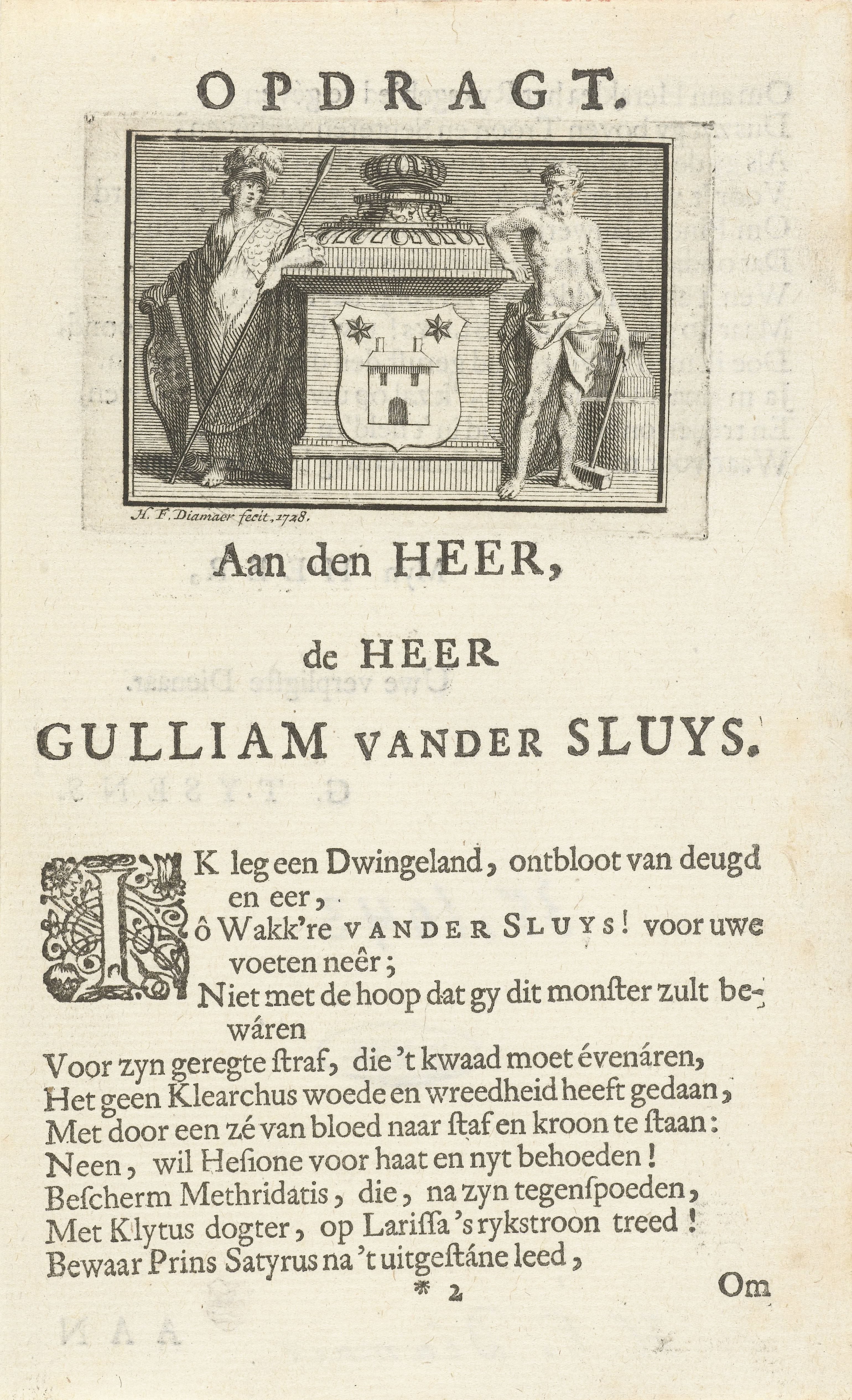 Opdracht aan Willem van der Sluys met wapen geflankeerd door Minerva en Hercules