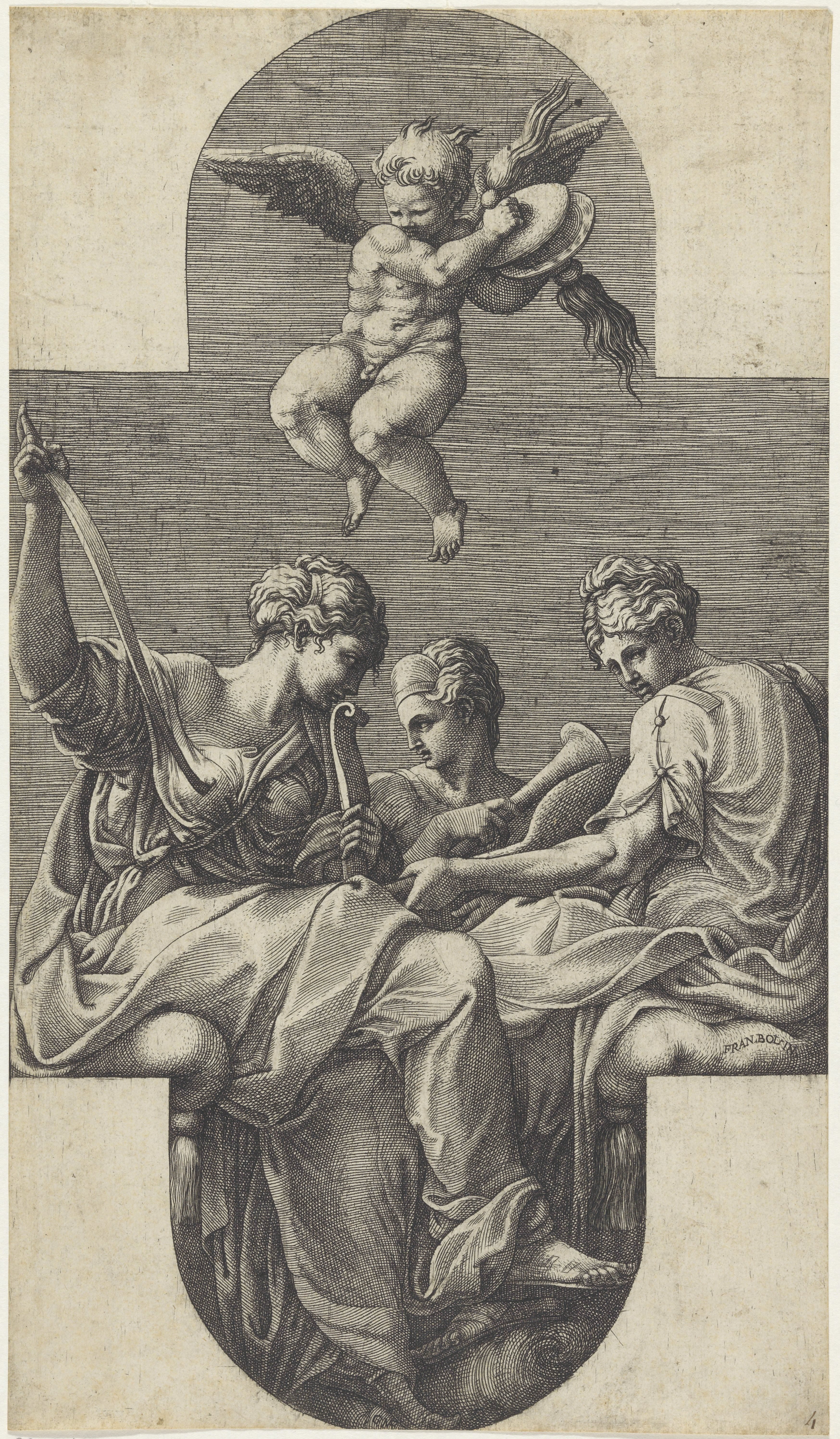 Drie Muzen en een putto met cimbalen