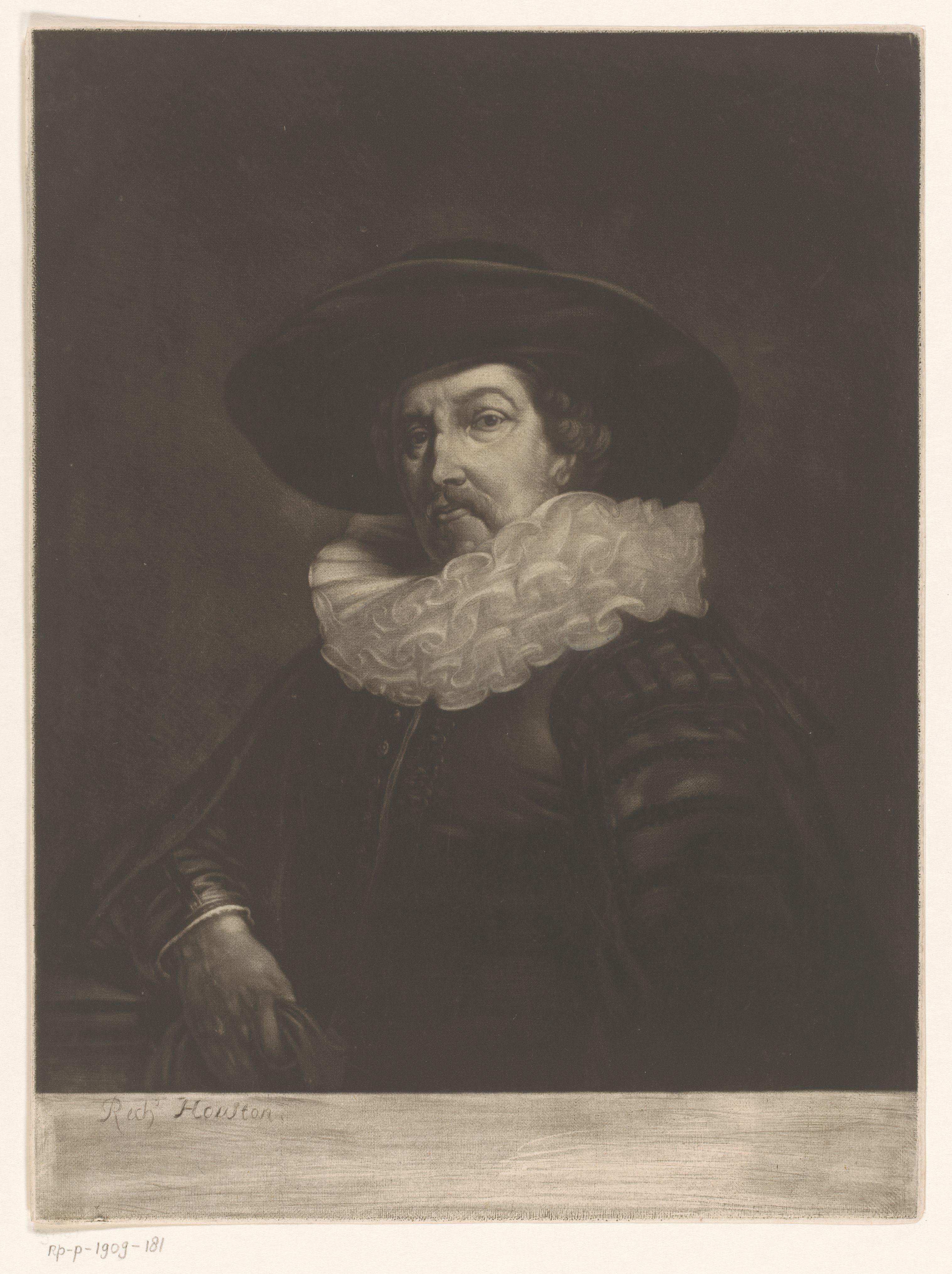 Portret van een onbekende man met een geplooide kraag en hoed
