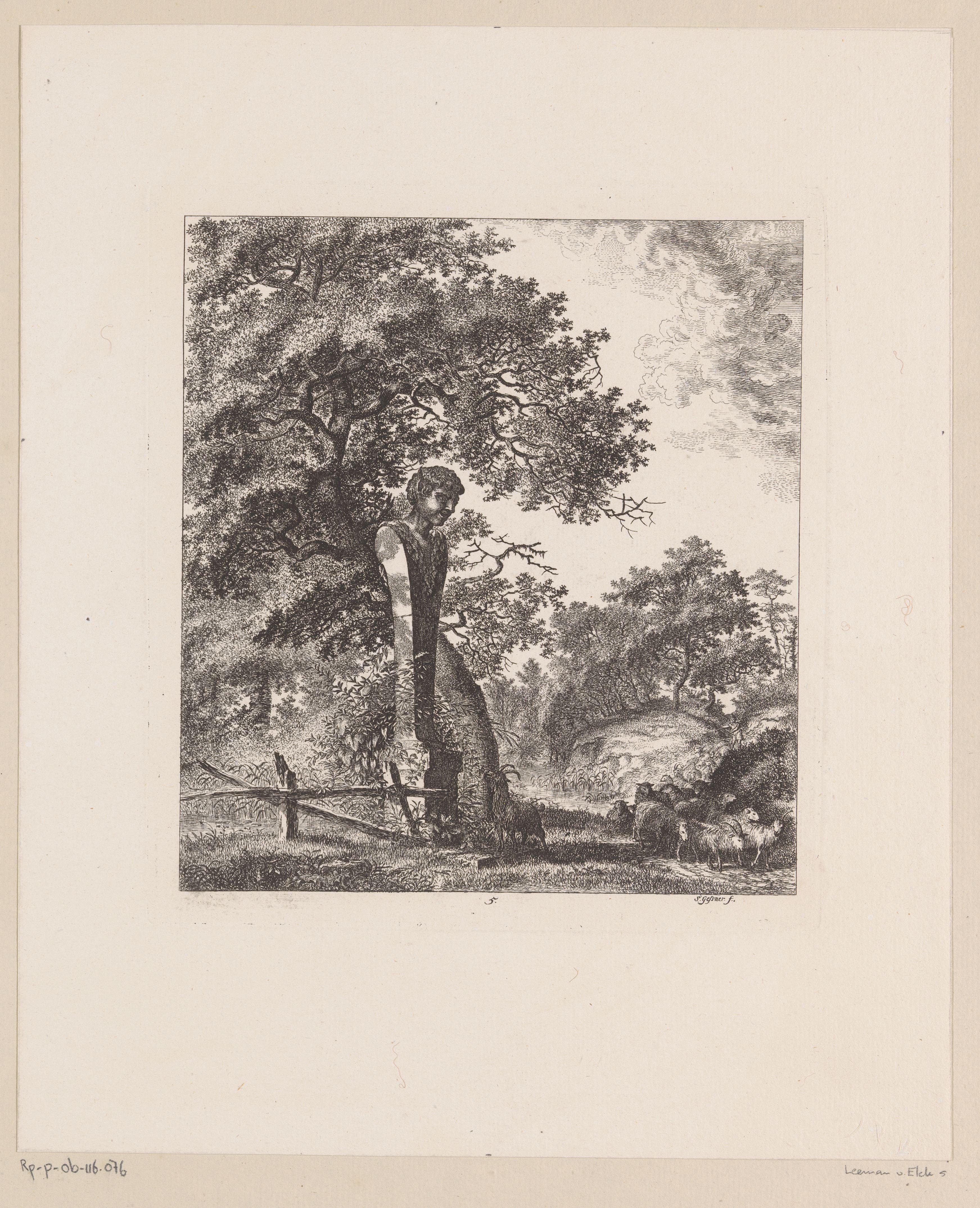 Boslandschap met kudde schapen en herme van een faun