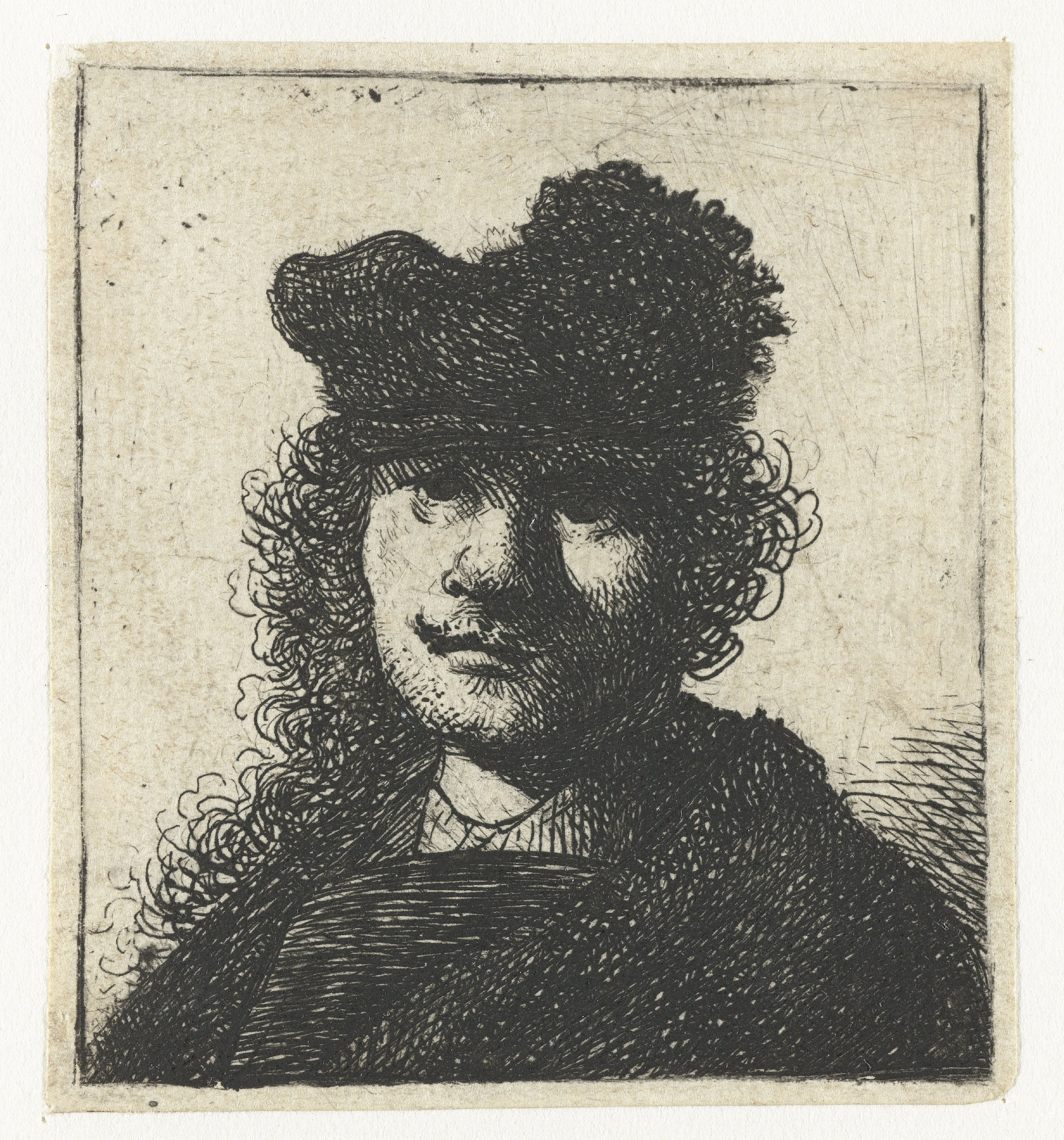 Self-portrait in a cap and dark cloak: bust