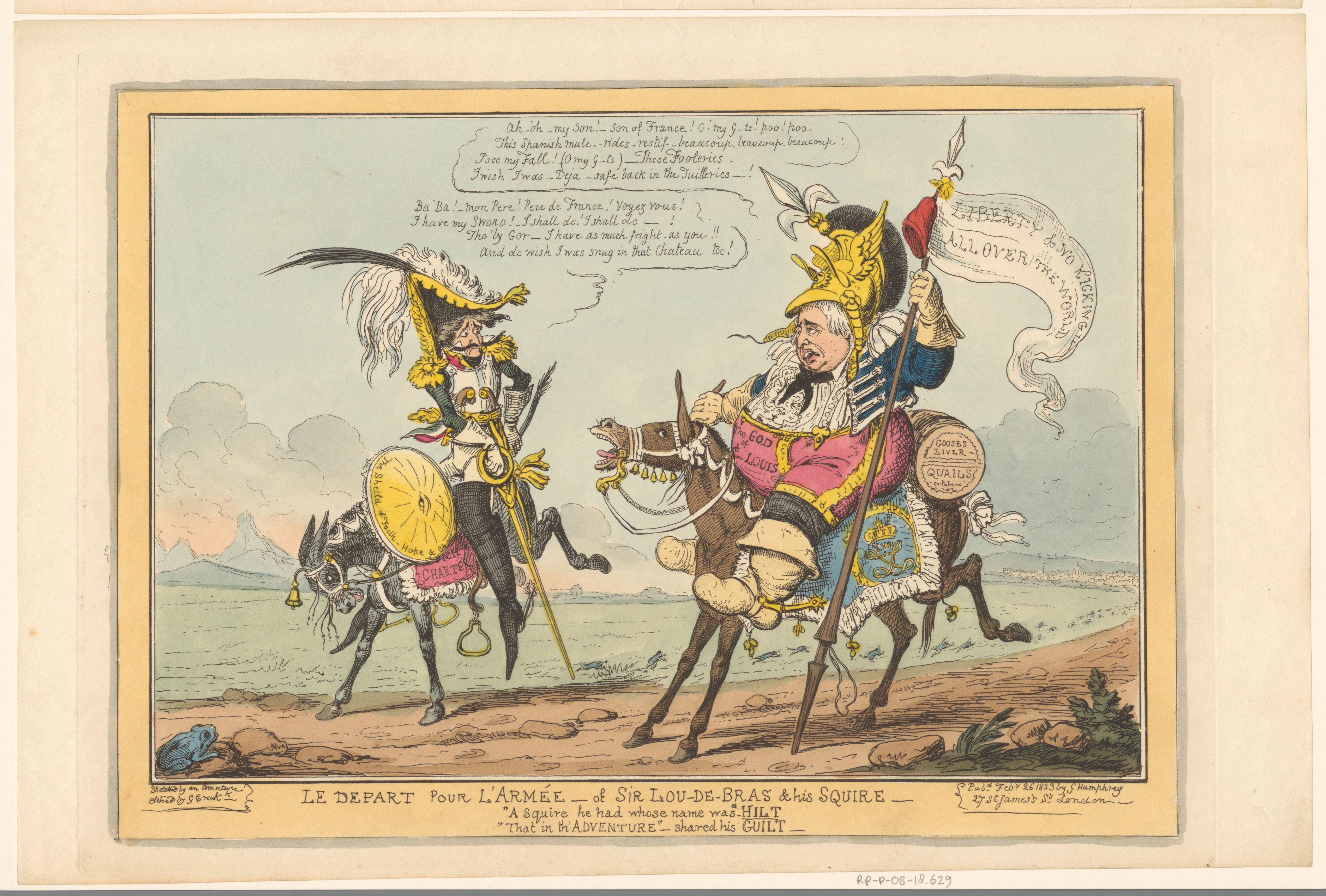 Lodewijk Anton van Bourbon en Lodewijk XVIII zitten op twee Spaanse muilezels