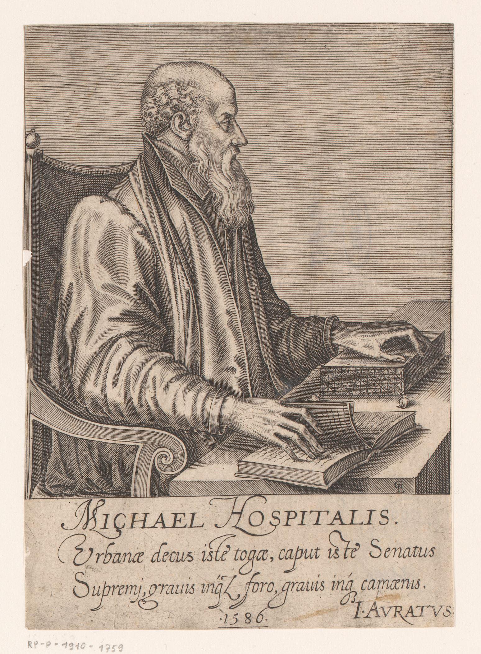 Portret van Michel de l'Hospital aan zijn bureau