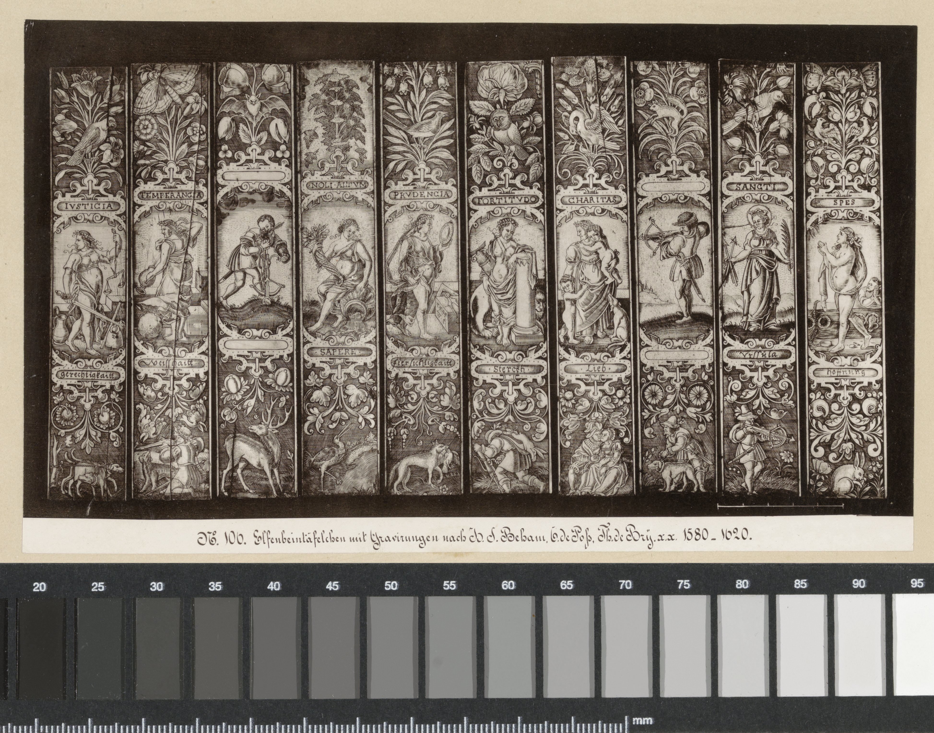 Ivoren tafel met gravures naar Beham, De Poss en De Bry