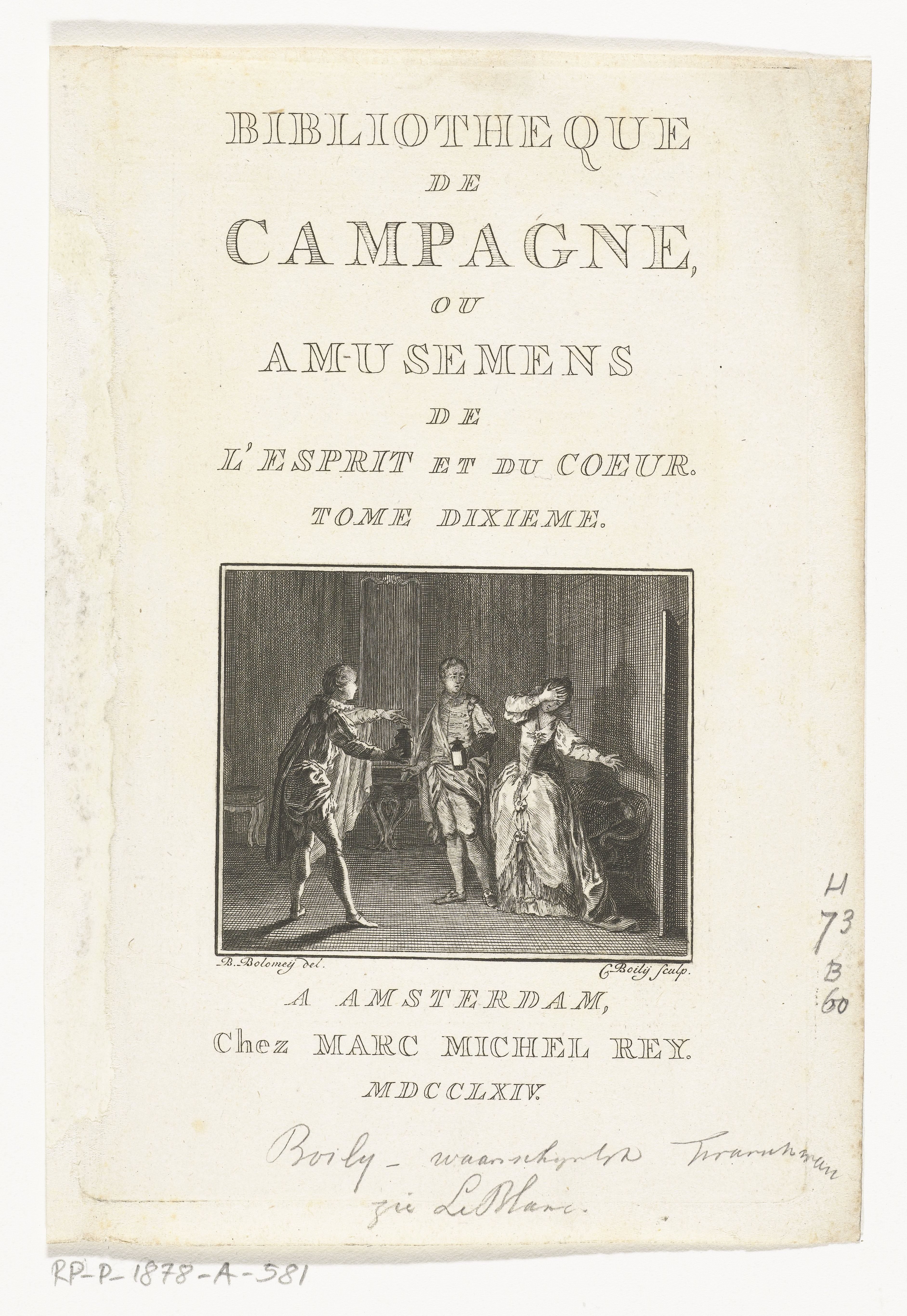 Titelpagina voor: Bibliothèque de Campagne. Tome dixième, Amsterdam, 1764