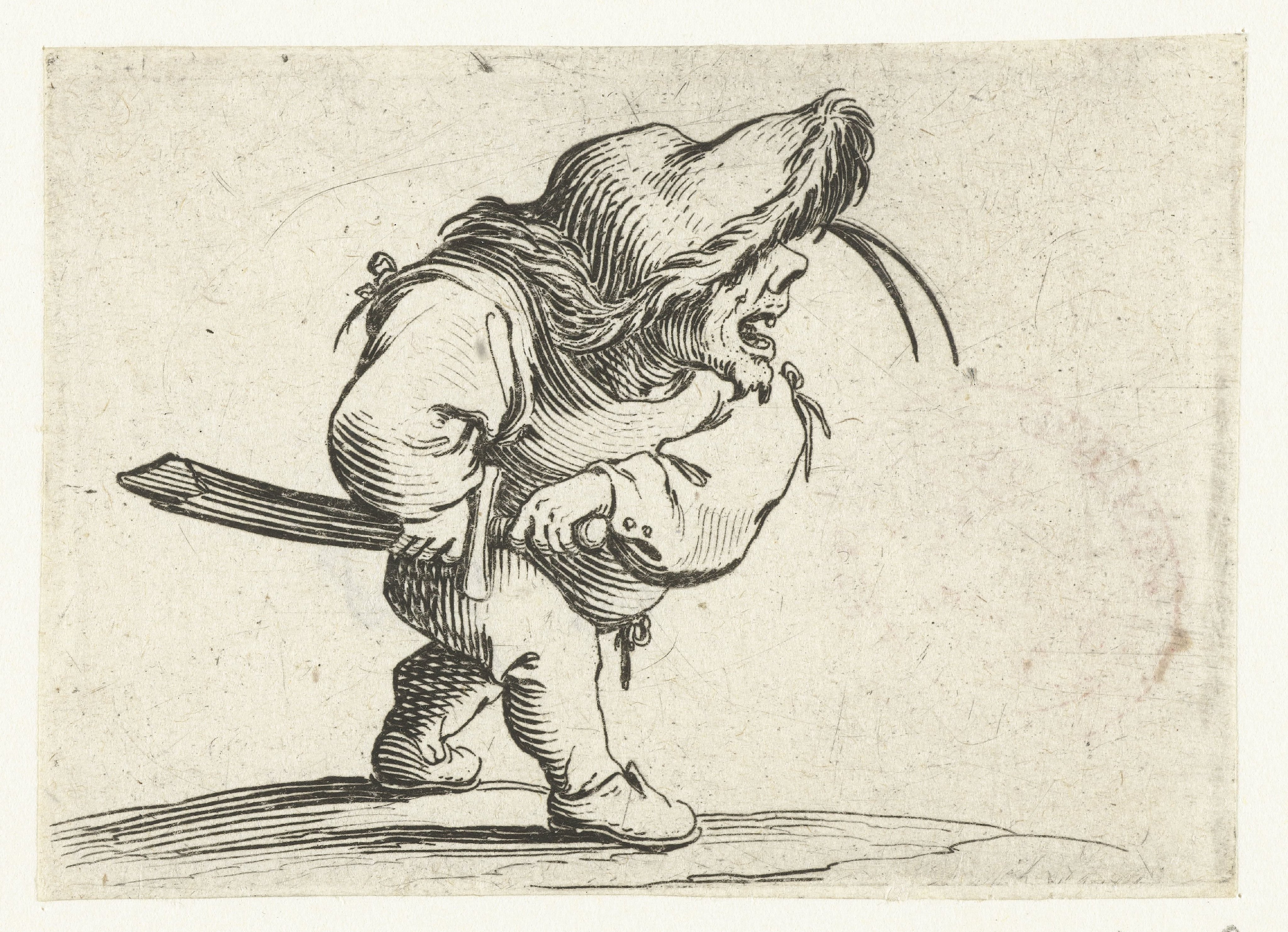 Kleine mens (karikatuur) met zwaard, in aanvallende houding