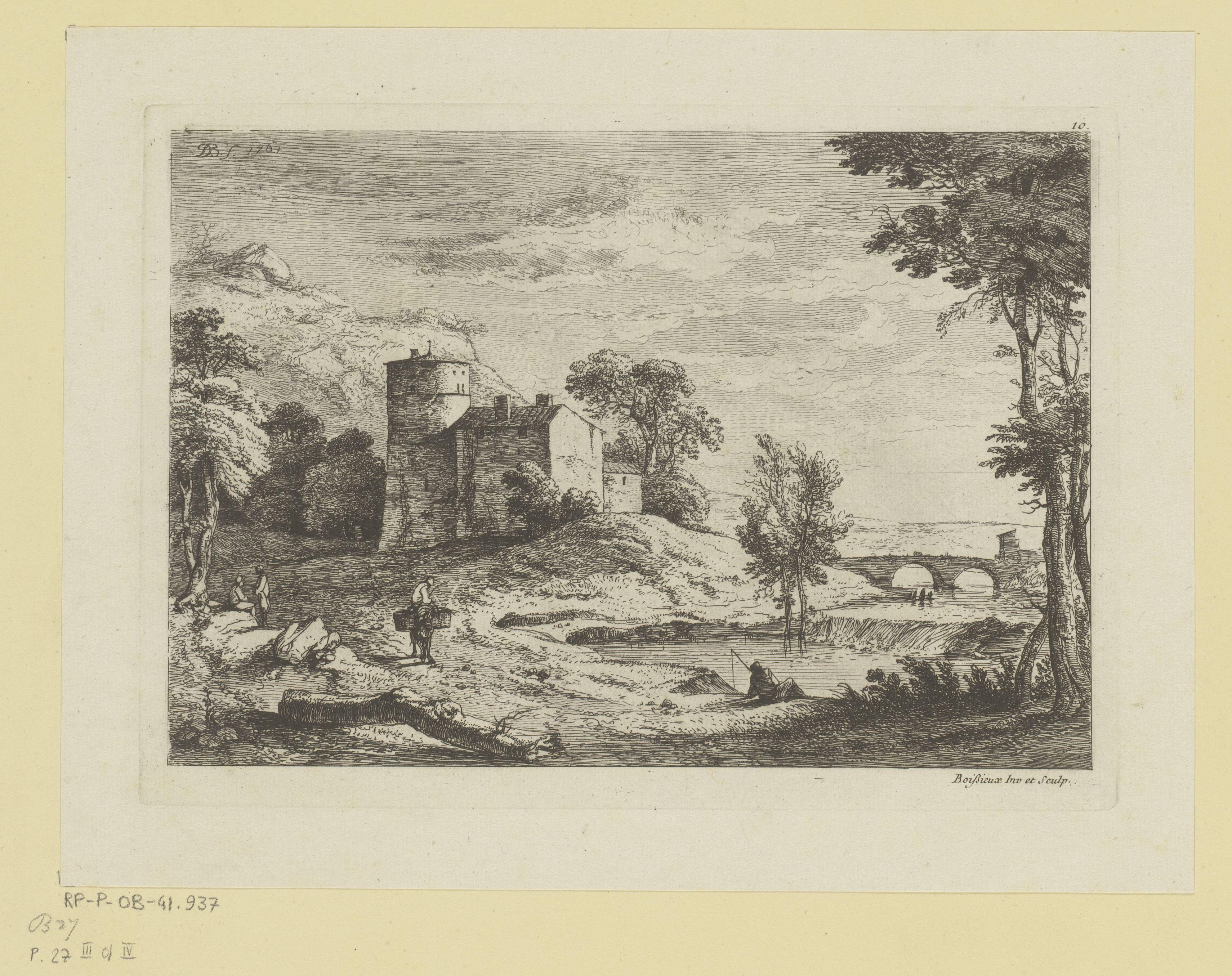 Landschap met een boer op een ezel en een visser aan een rivier met stenen brug