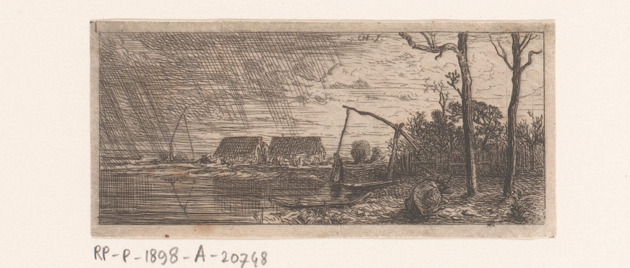 Rivierlandschap met liggende koe en een vrouw aan de oever