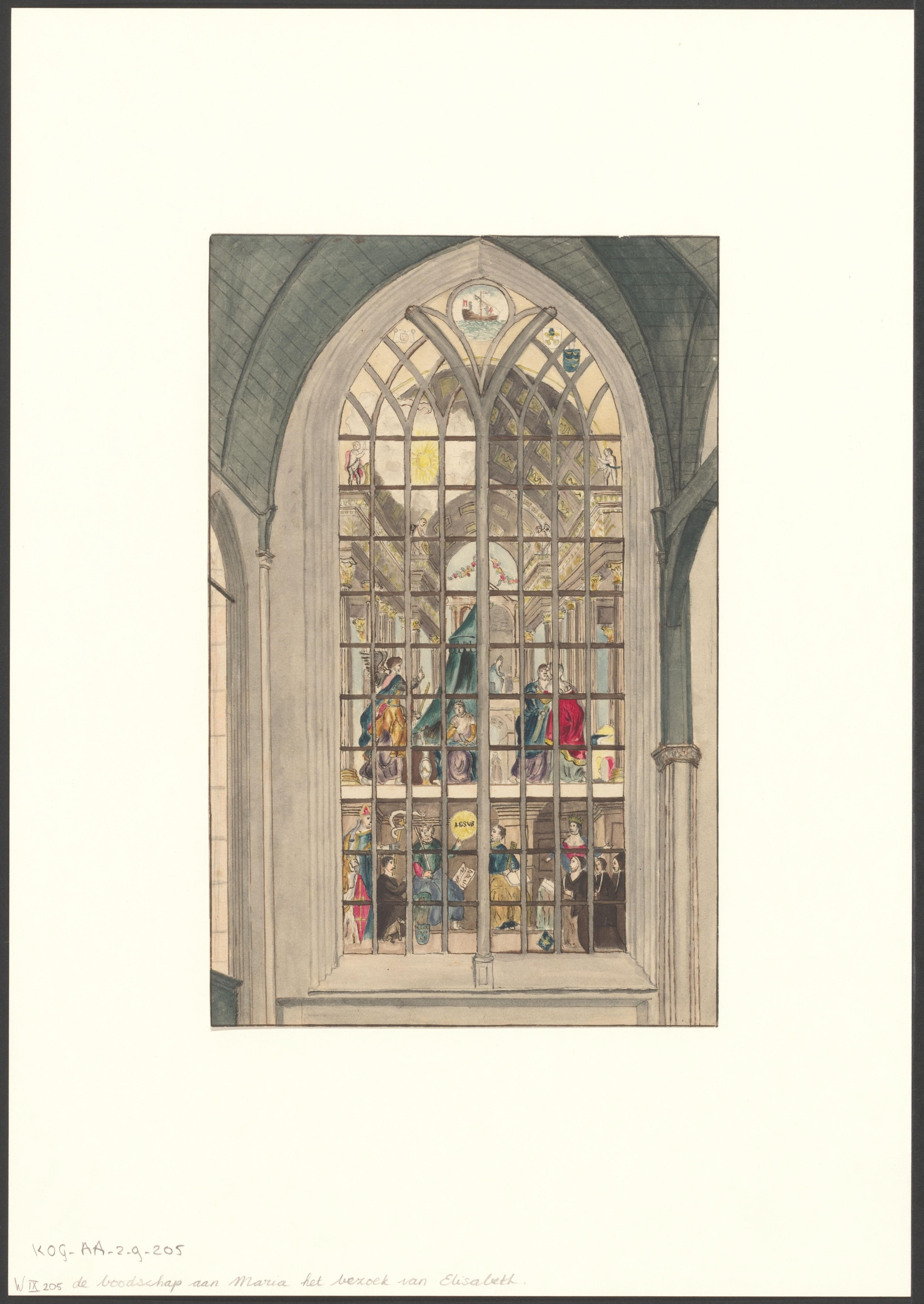Interieur van de Oude Kerk met raam met de voorstelling van de Annunciatie en de Visitatie