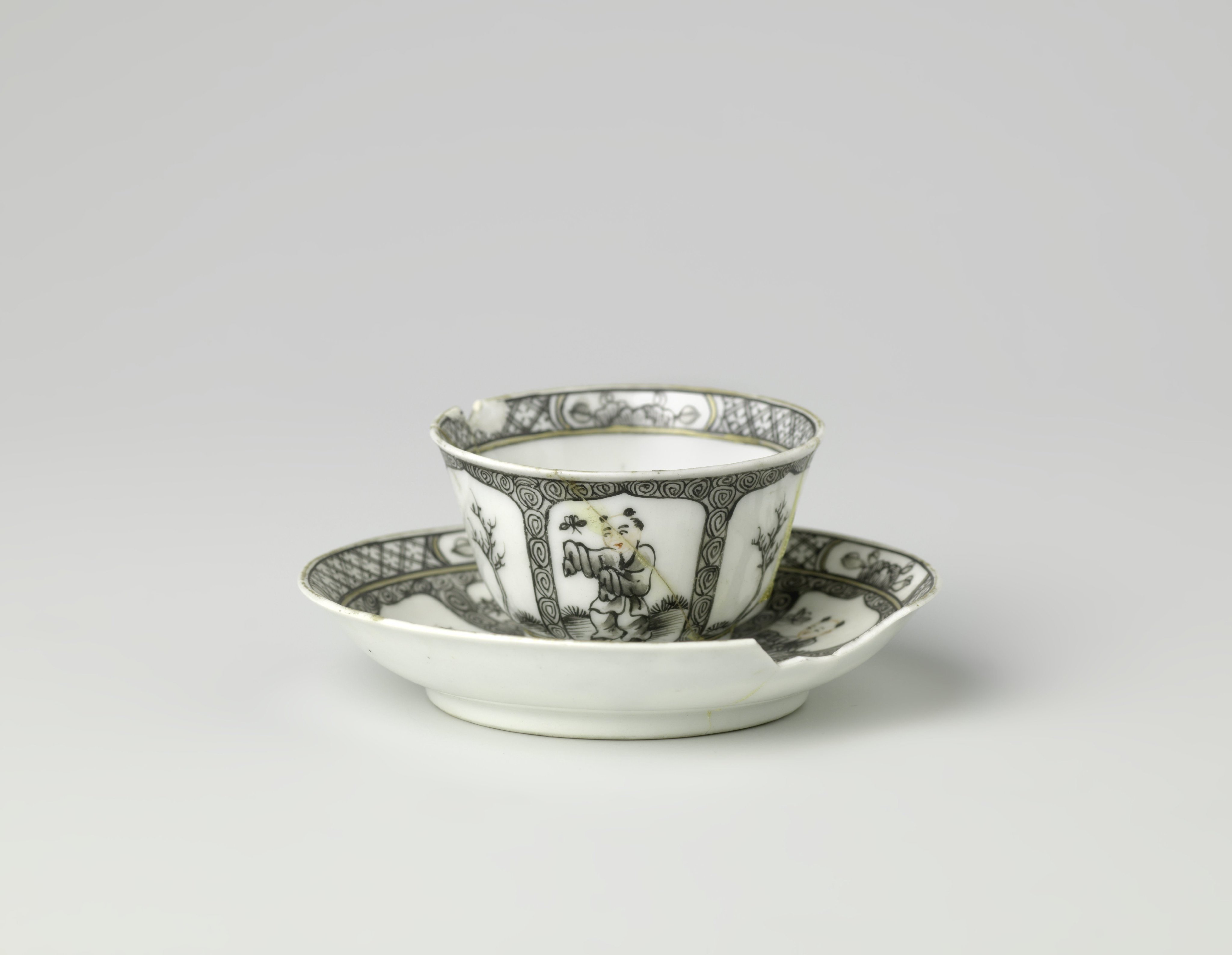 Cup and schotel with a boy and a butterfly in a landscape