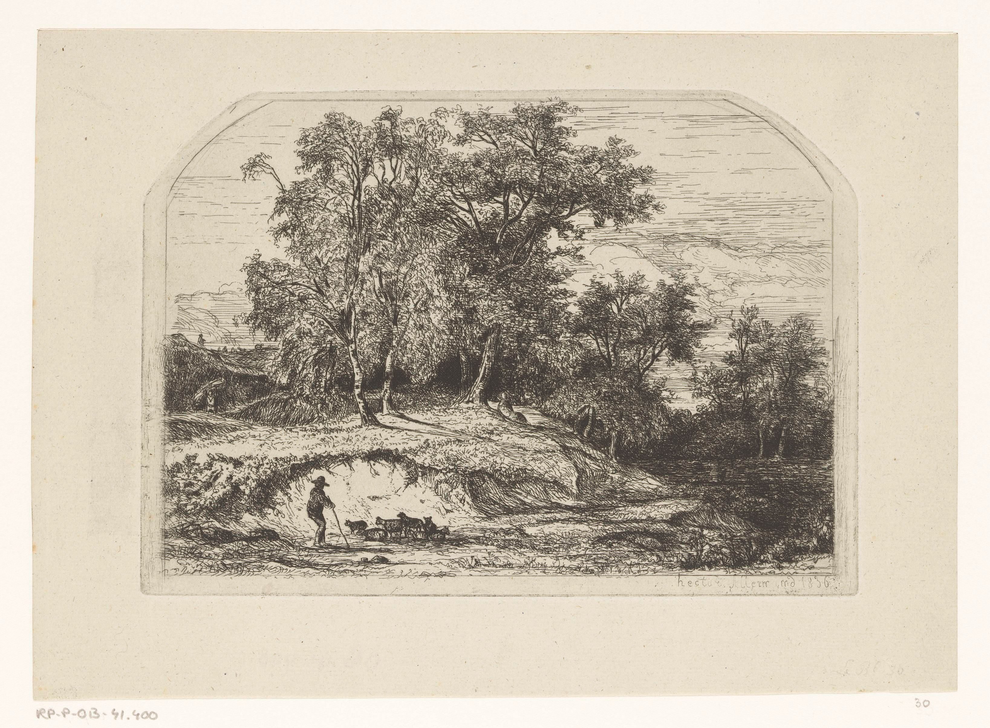 Herder met kudde in een boomrijk landschap