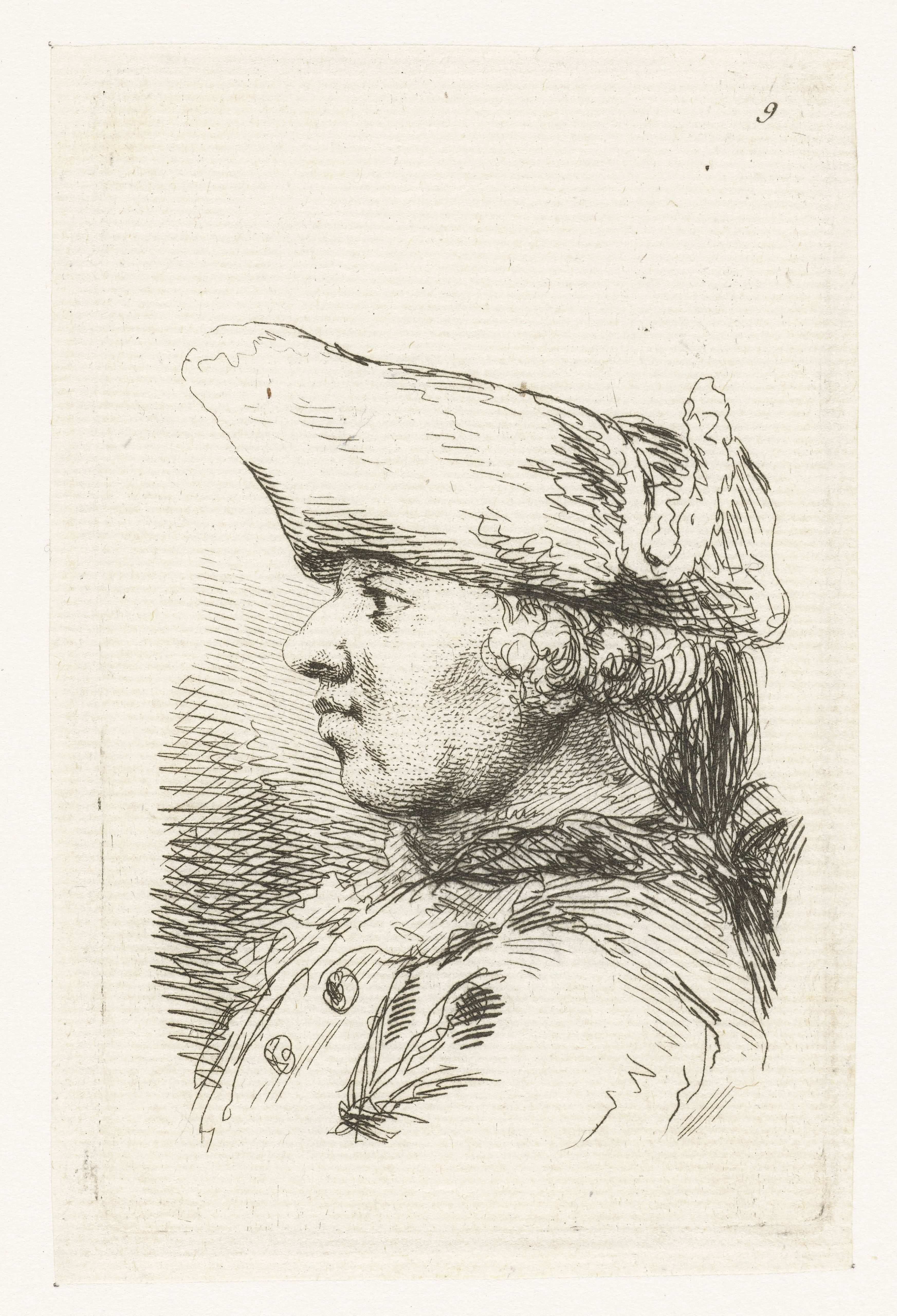 Hoofd van man met tricorne