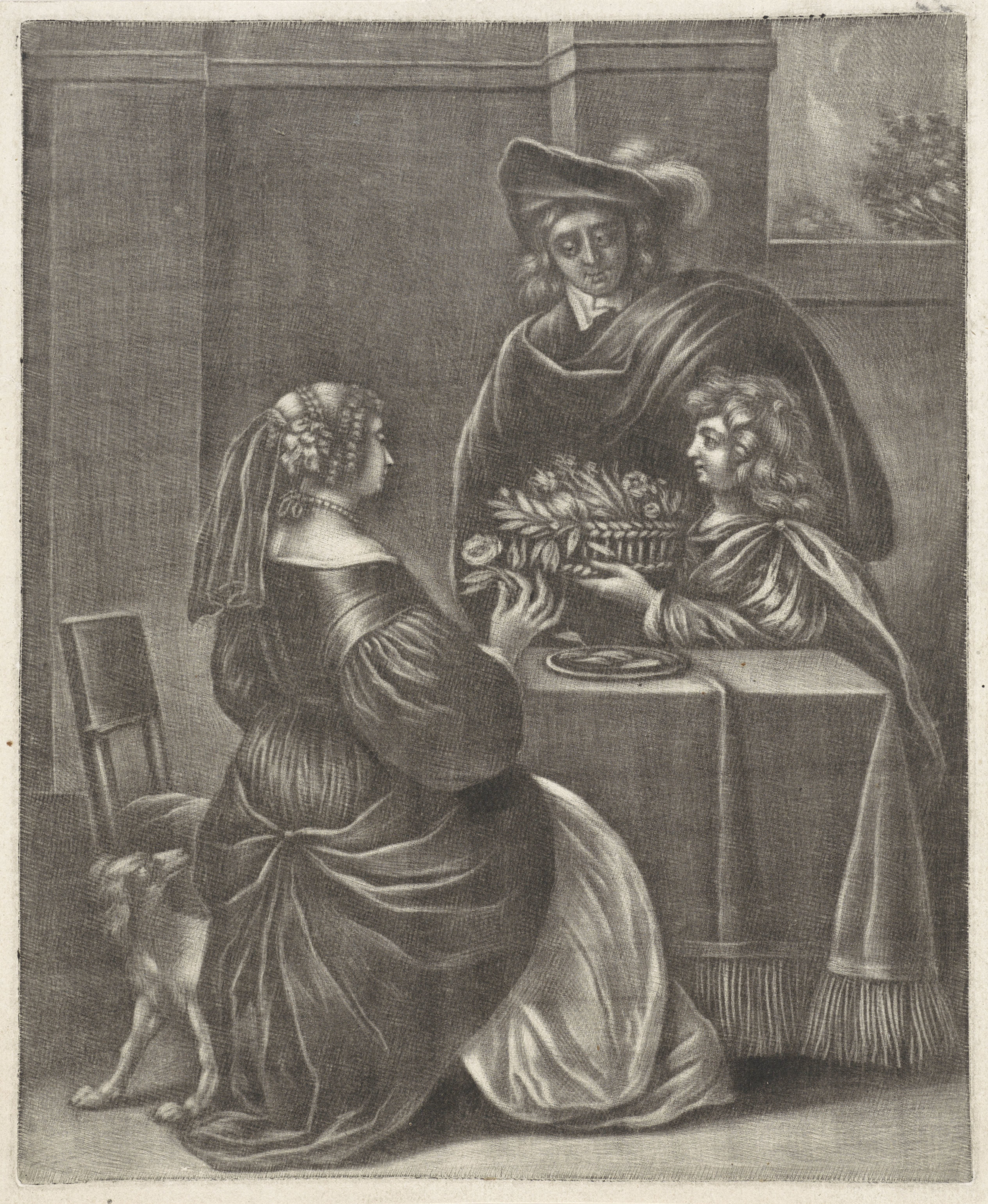 Jongen die een mand bloemen aanbiedt